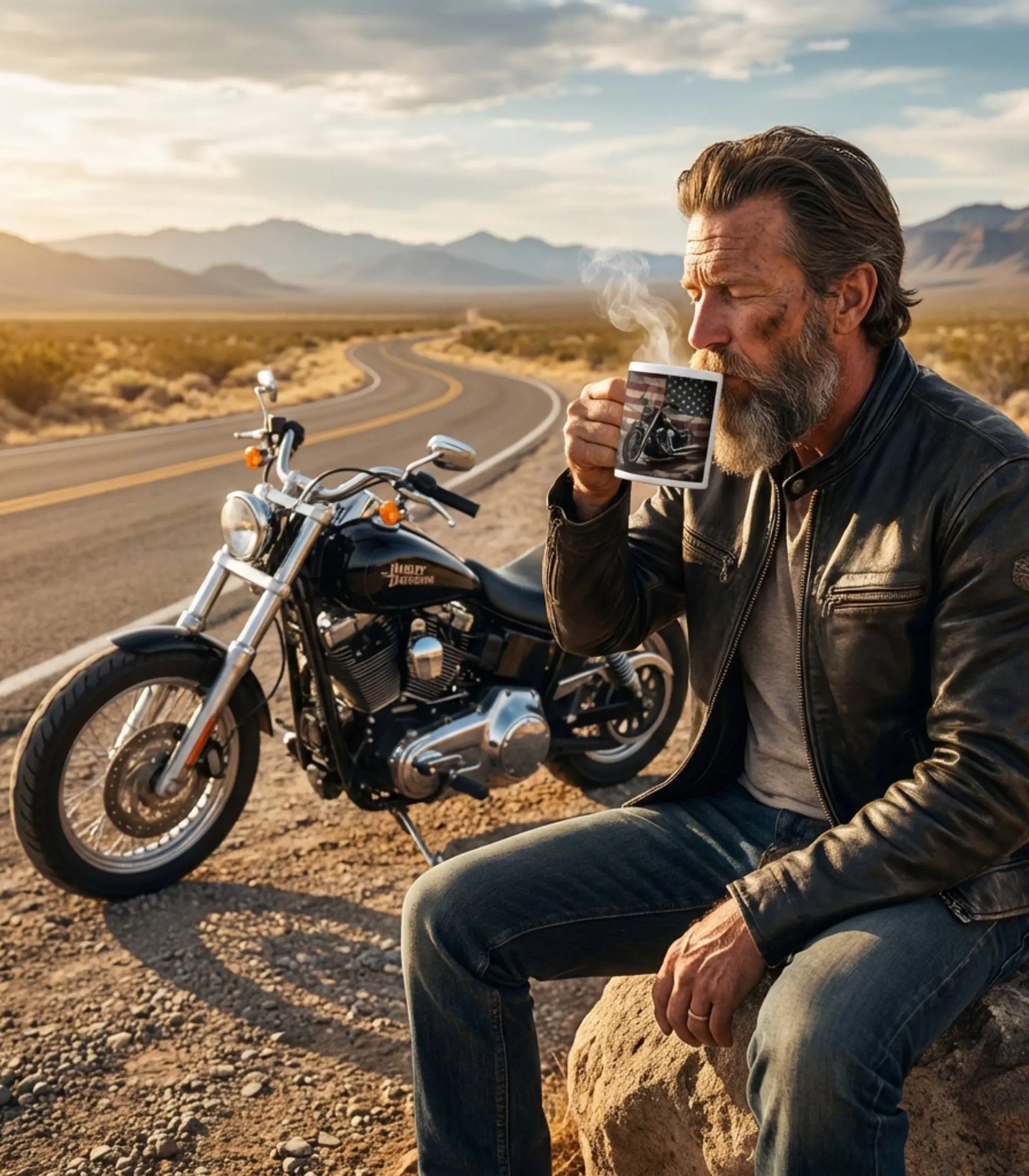 Personalized American Flag Motorcycle Mug, Patriotic Biker Coffee Cup Wildwood Mountain Coffee Co