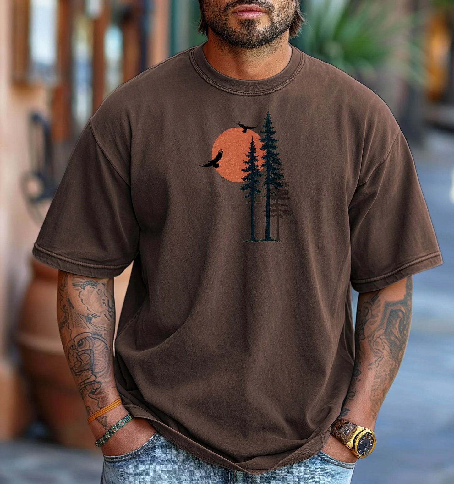 Sunset Pines & Soaring Eagles Wilderness T-Shirt Printify