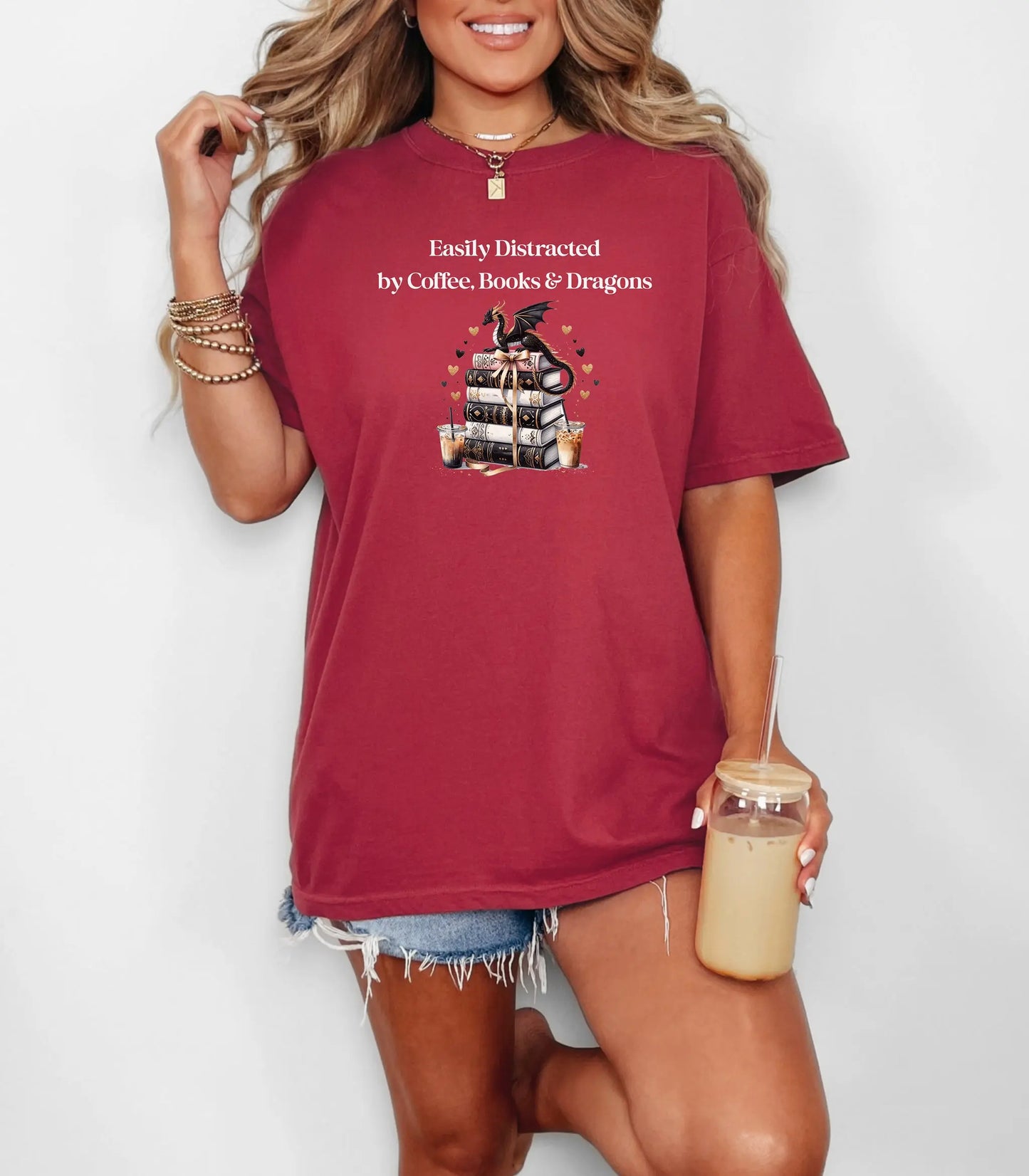 Easily Distracted by Coffee Books & Dragons T-Shirt, Book Lovers Tee, Fantasy Book Lover Gift, Bookworm Gift, Dragon Book Hoarder Wildwood Mountain Coffee Co