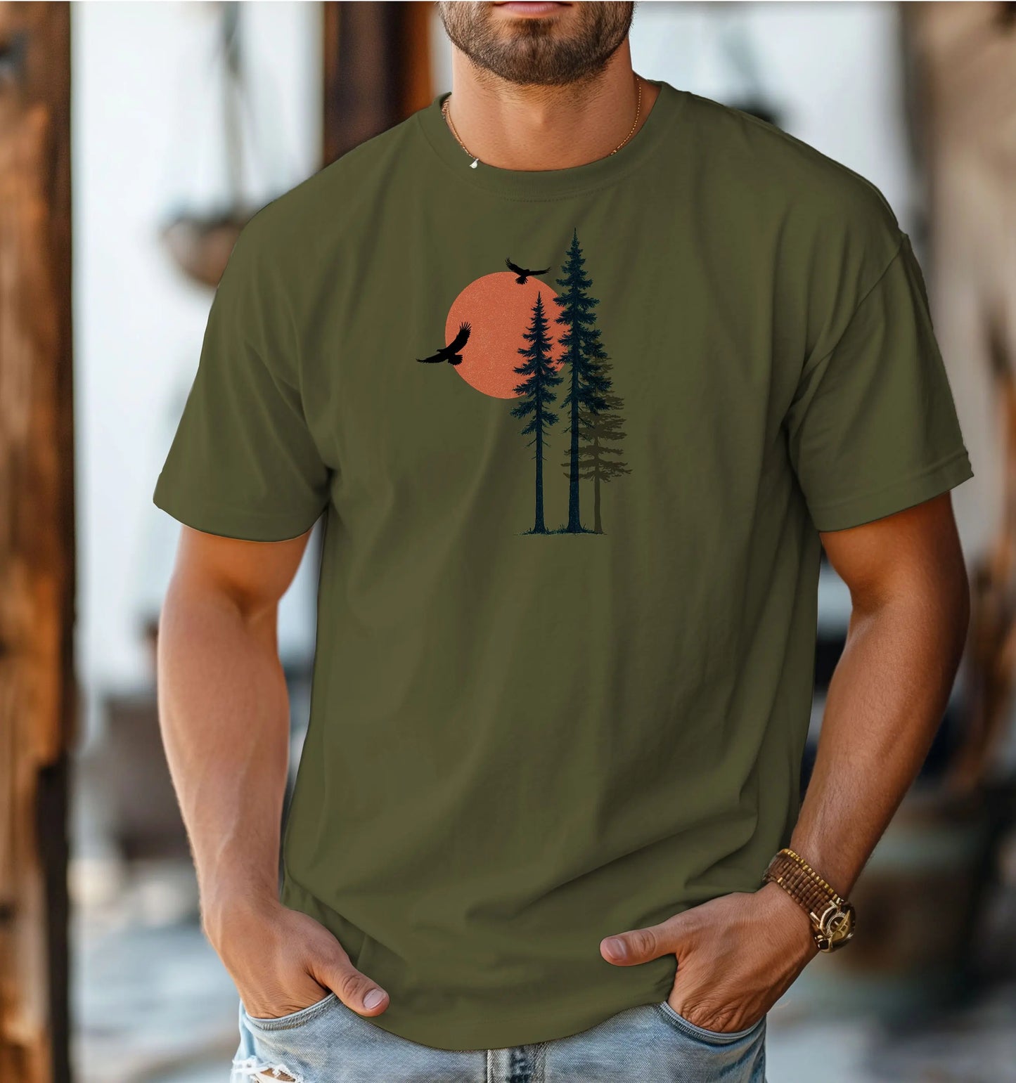 Sunset Pines & Soaring Eagles Wilderness T-Shirt Printify