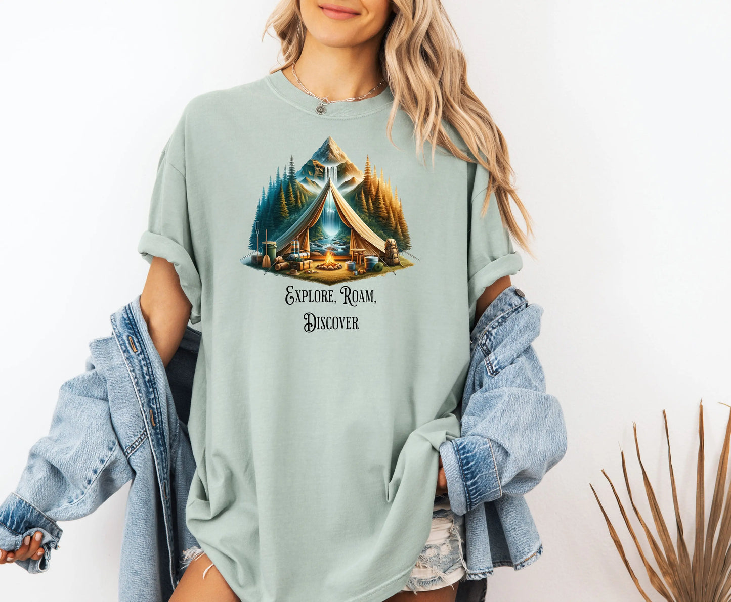 Explore Roam Discover Camping T-Shirt, Adventure Tent Graphic Tee Printify