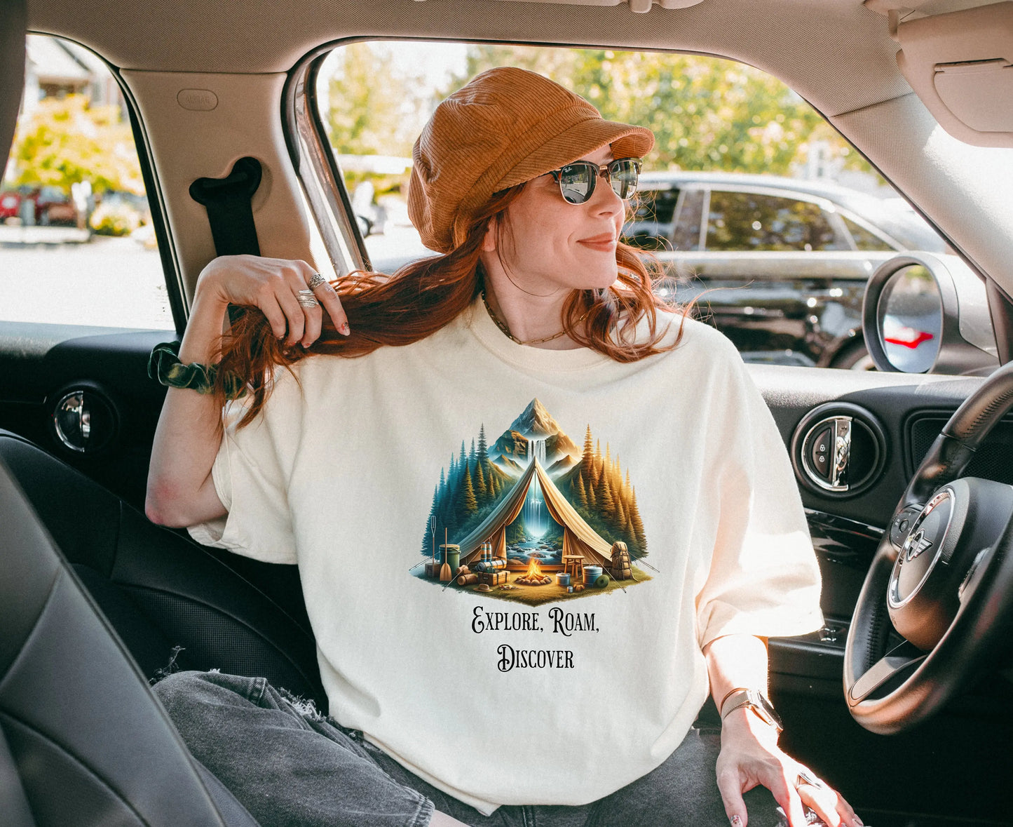 Explore Roam Discover Camping T-Shirt, Adventure Tent Graphic Tee Printify