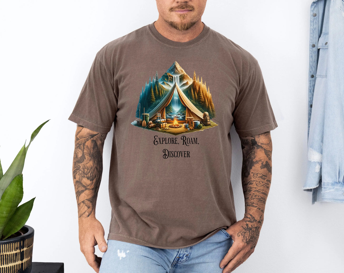 Explore Roam Discover Camping T-Shirt, Adventure Tent Graphic Tee Printify