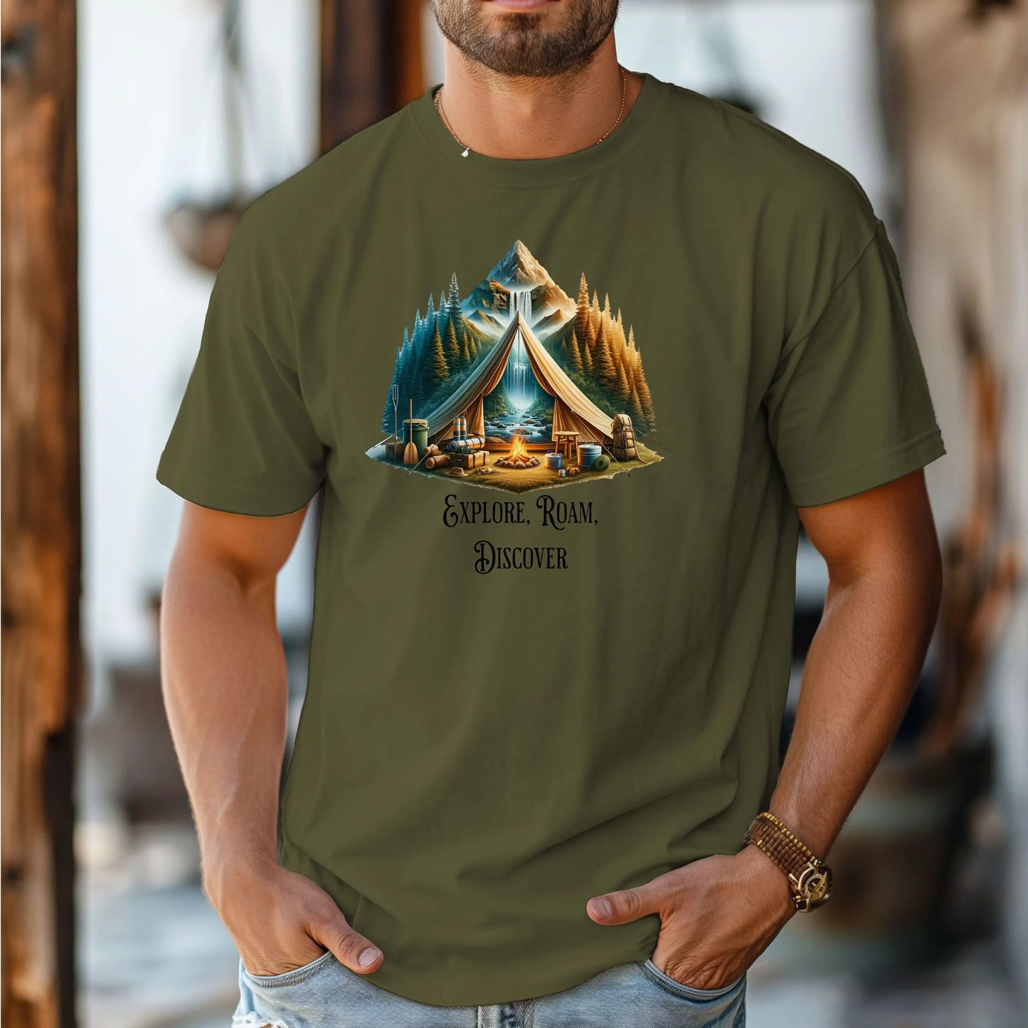 Explore Roam Discover Camping T-Shirt, Adventure Tent Graphic Tee Printify