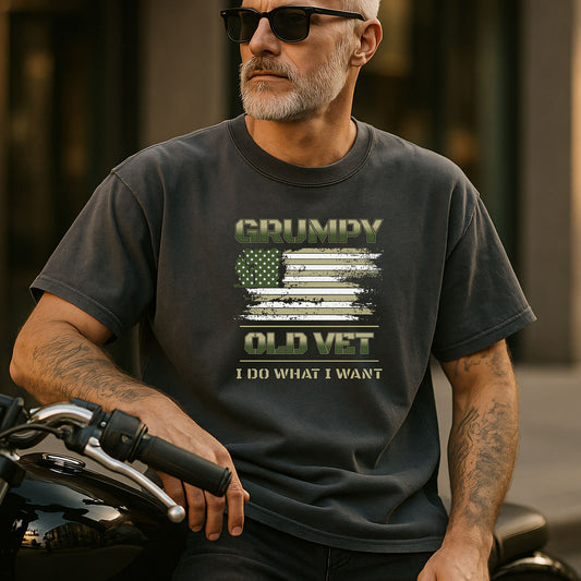 Grumpy Ol' Vet T-Shirt, Distressed American Flag, "I Do What I Want" Military Veteran Tee