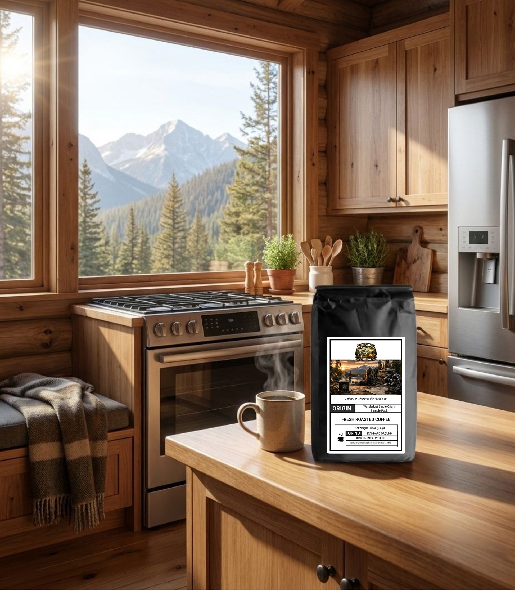 Cabin kitchen with mountain view, coffee bag, and mug on a wooden counter.