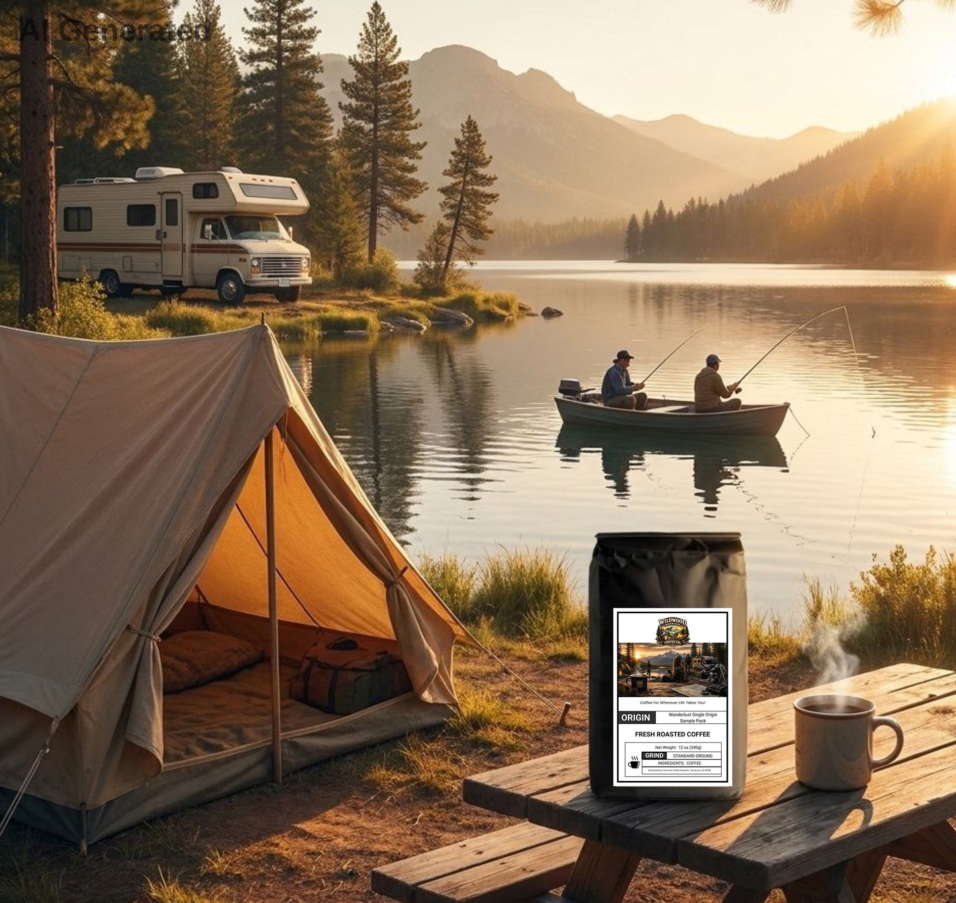 Camping scene with a tent, RV, and coffee package by a lake with mountains in the background.