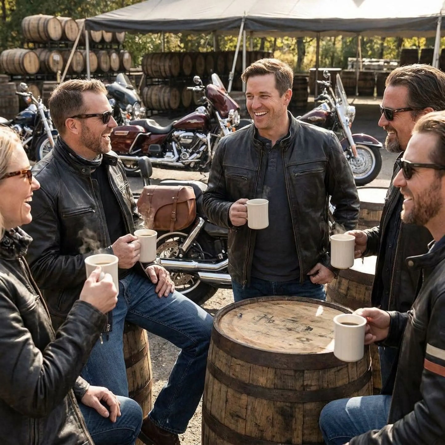 Group of men sitting around a barrel, drinking coffee with motorcycles and whiskey barrels in the background.