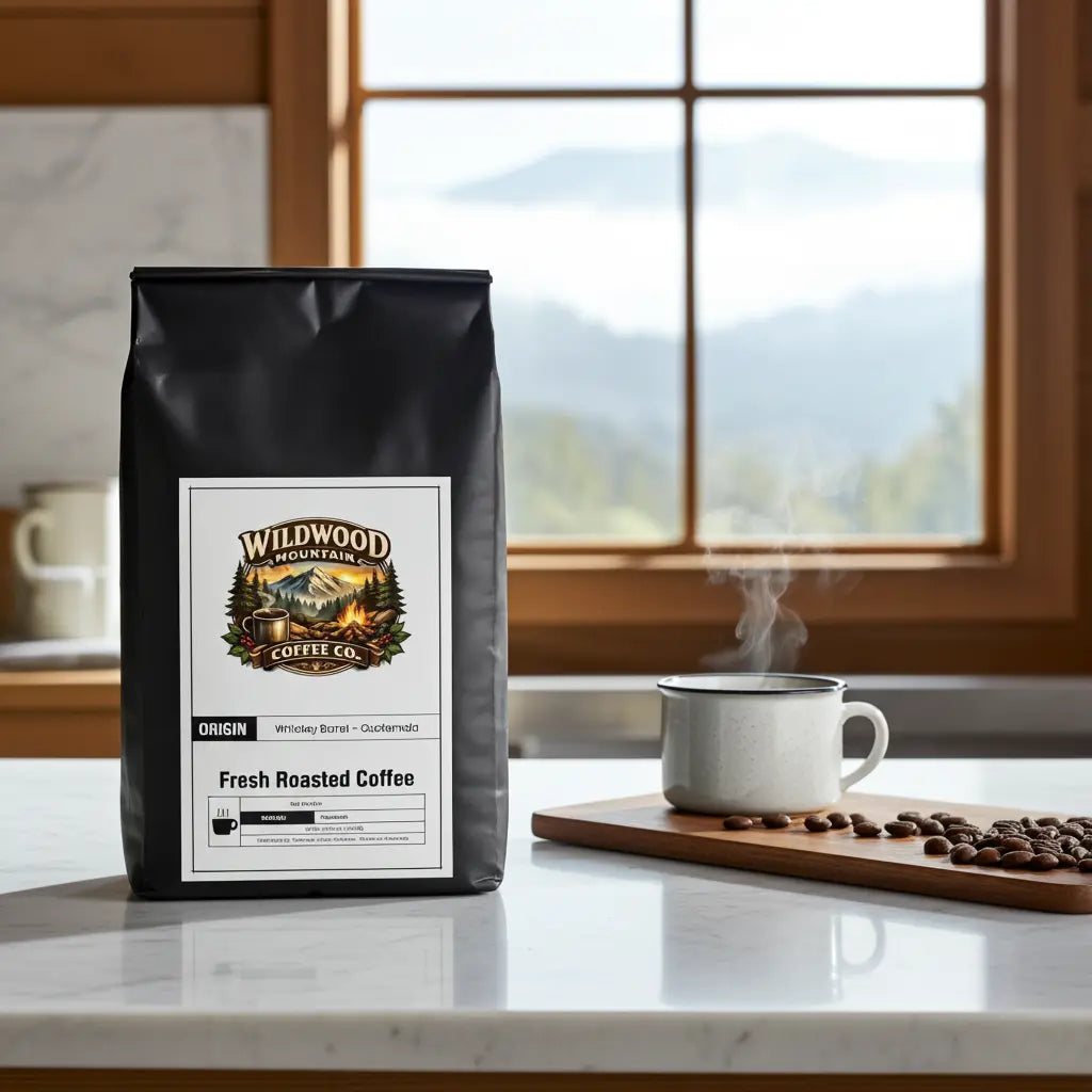 Wildwood Mountain Coffee bag on a kitchen counter with a view of mountains