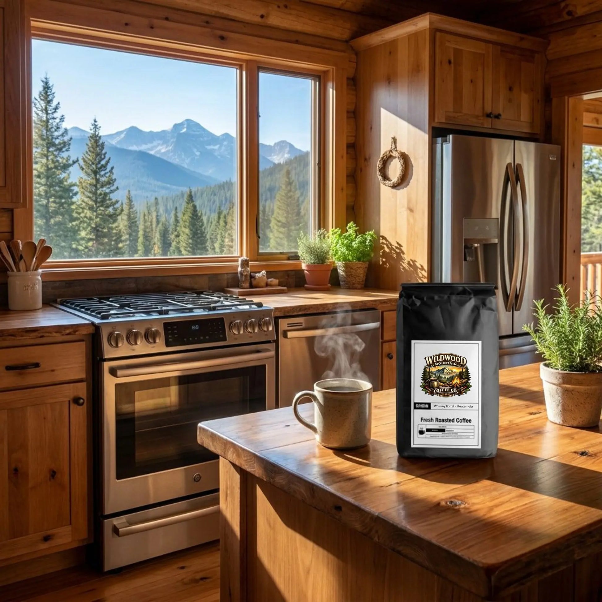 A package of Wildwood Mountain Coffee Co's Whiskey Barrel Aged - Guatemala coffee and a hot, steaming cup of coffee sitting on a wood countertop in a mountain cabin with scenic mountain landscape out the window.