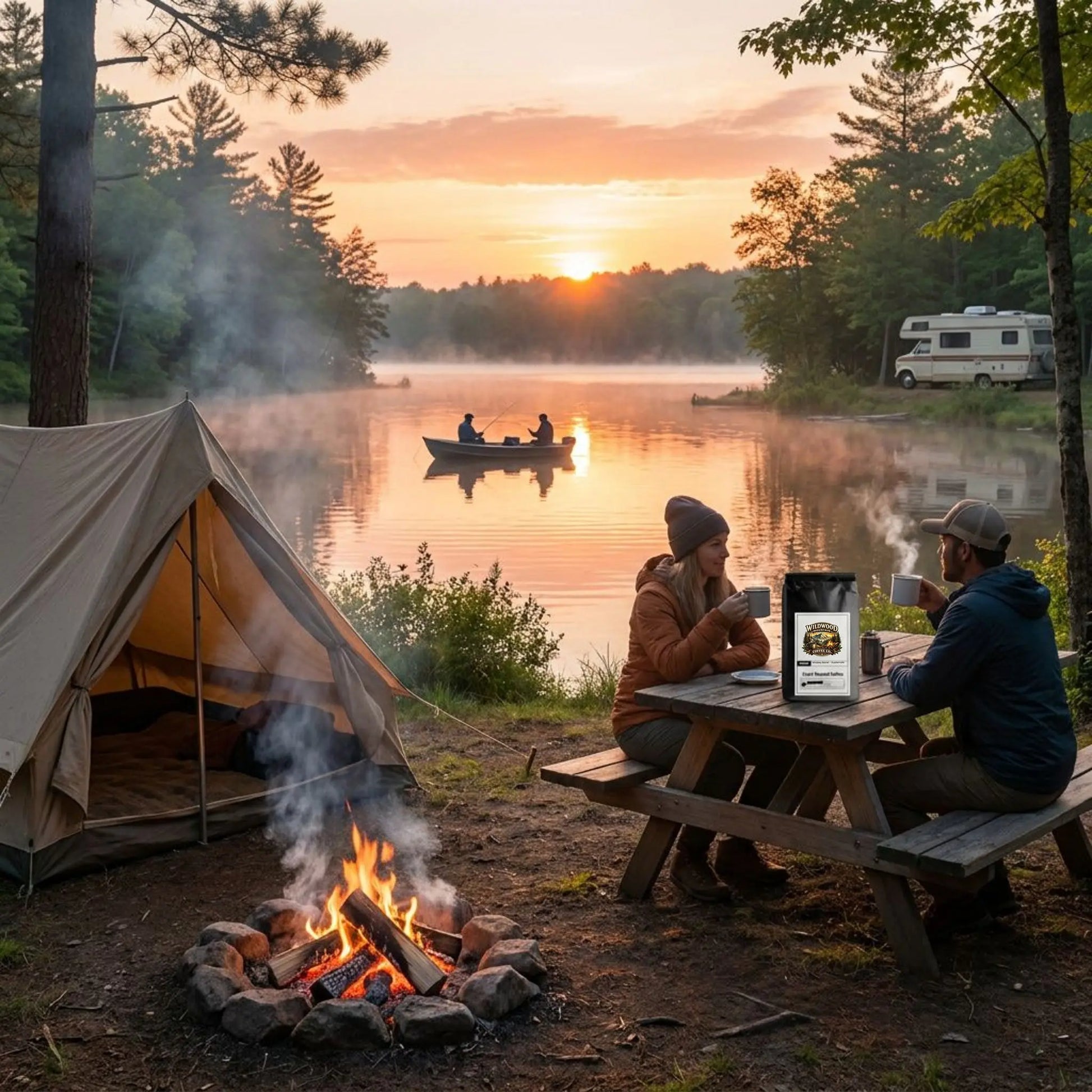 Campers sitting at a picnic table by a campfire with a tent and RV in a scenic lake setting during sunset.