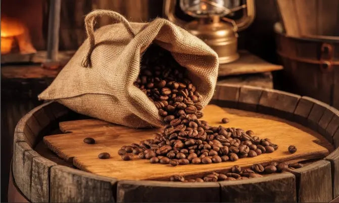 Sack of coffee beans spilling onto a whiskey barrel with a rustic background