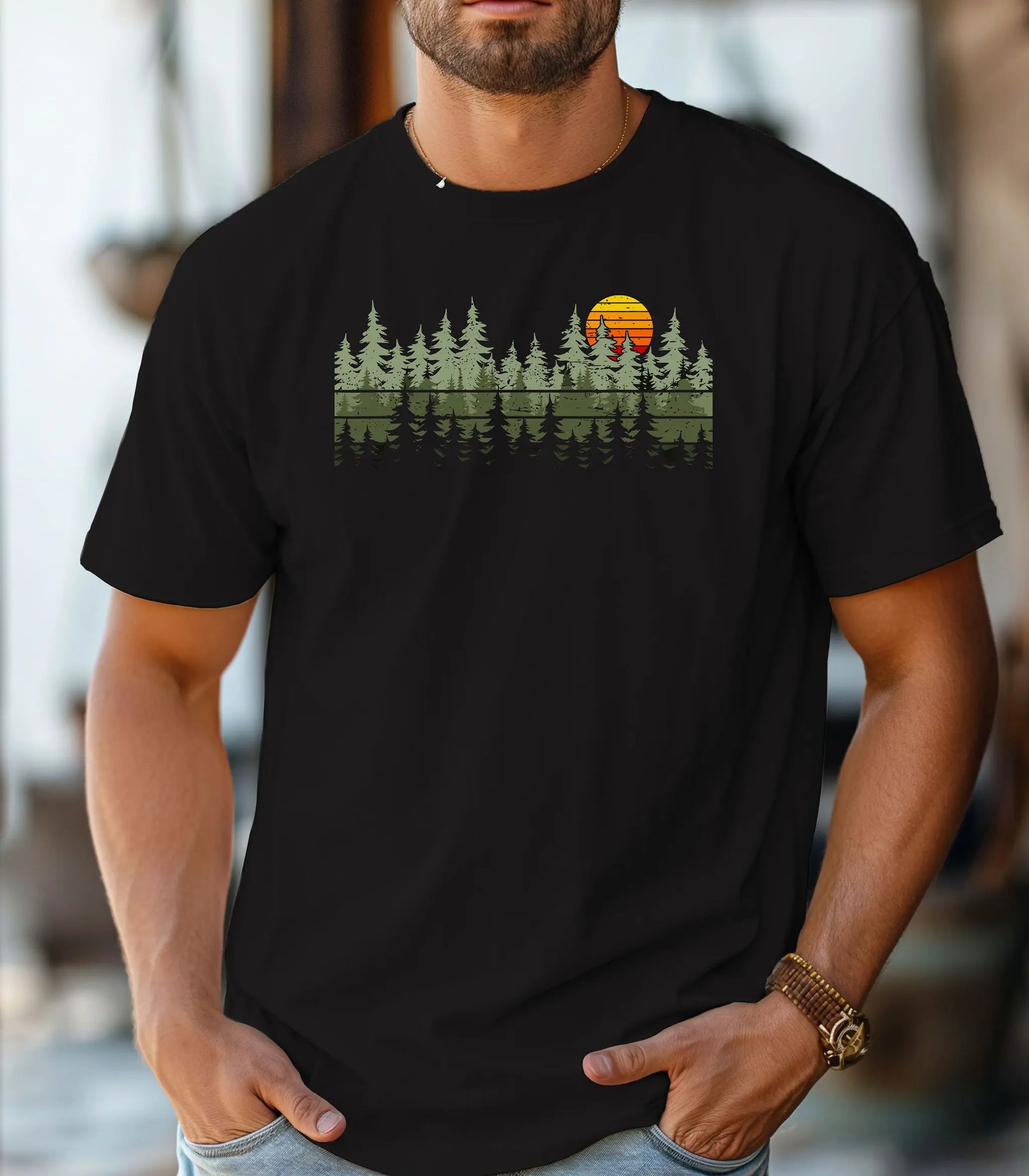 Wilderness Forest Sunset T-Shirt, Retro Pines Graphic Tee Wildwood Mountain Coffee Co