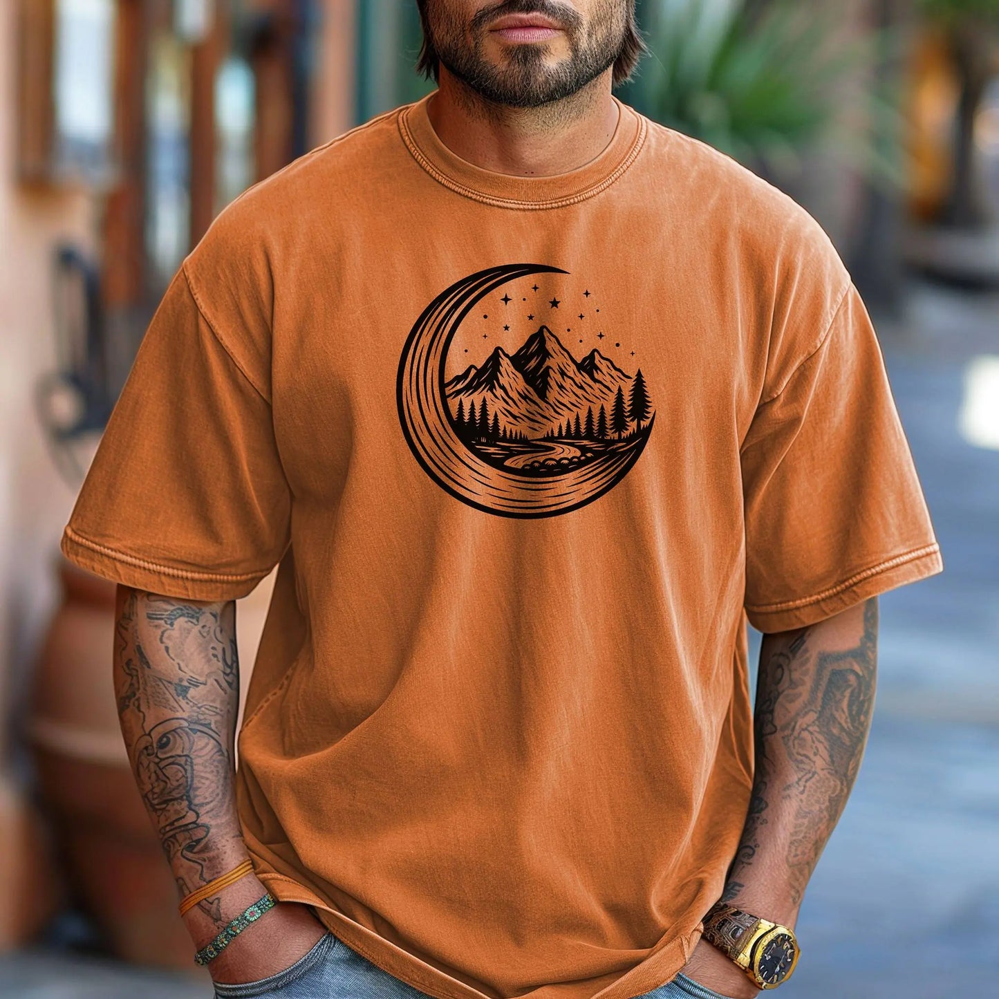 Celestial Mountain T-Shirt, Crescent Moon Wilderness Tee Printify