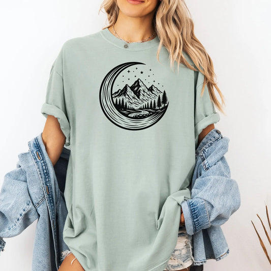 Celestial Mountain T-Shirt, Crescent Moon Wilderness Tee Printify