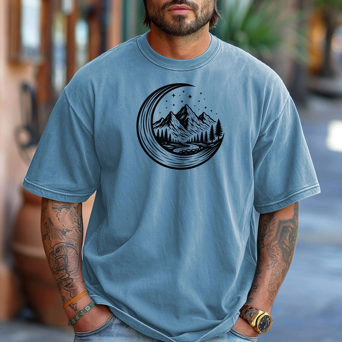 Celestial Mountain T-Shirt, Crescent Moon Wilderness Tee Printify