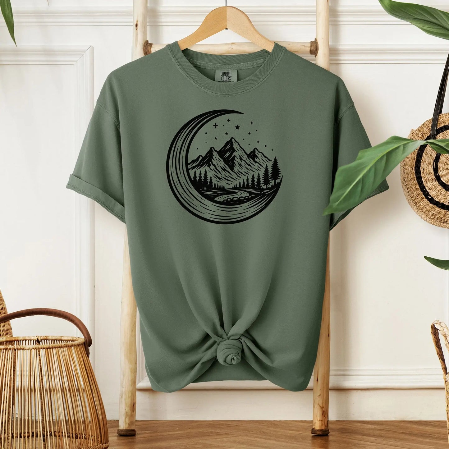 Celestial Mountain T-Shirt, Crescent Moon Wilderness Tee Printify