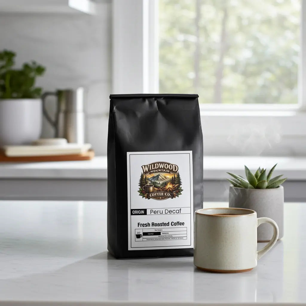 Wildwood Coffee Co. Peru Decaf coffee bag on a kitchen counter with a mug and plants.