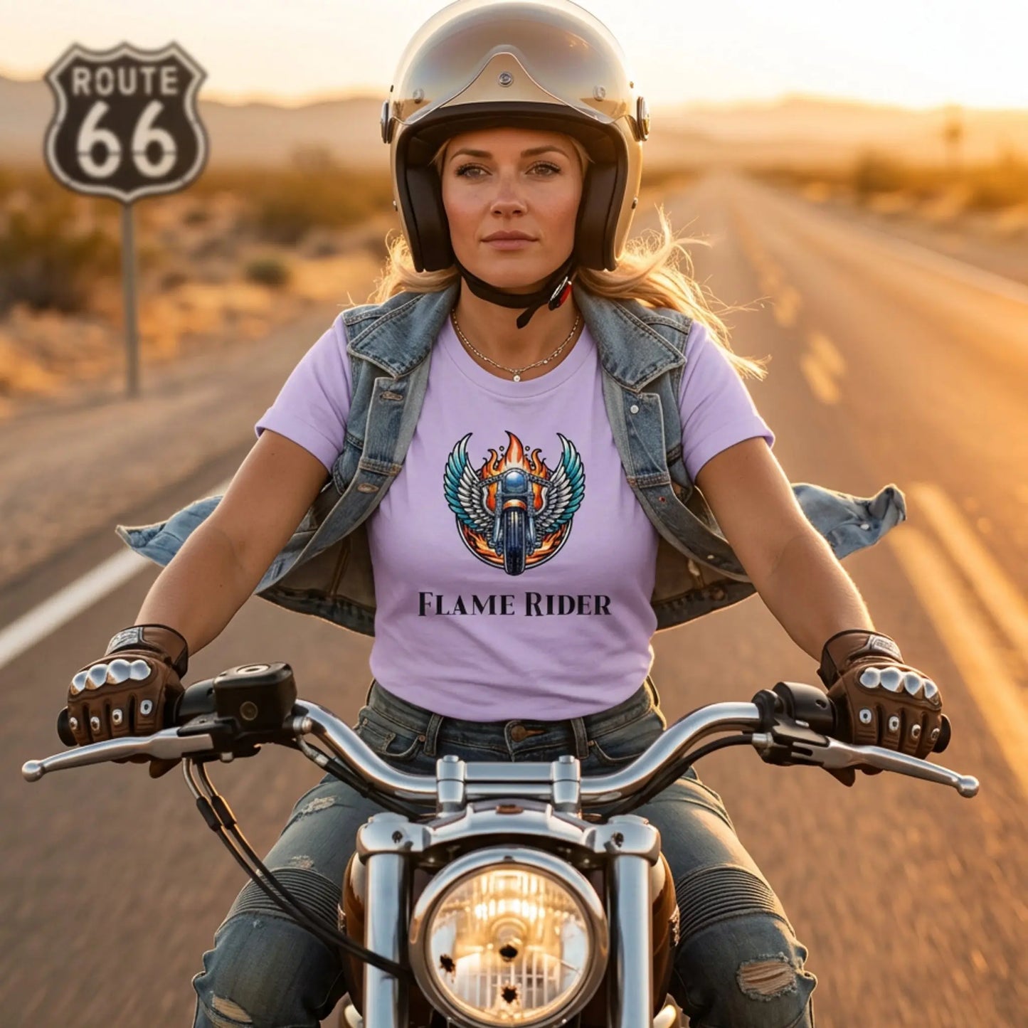 Woman riding a motorcycle on Route 66 with a orchid 'Flame Rider' t-shirt and helmet.