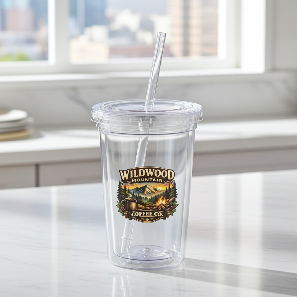 Wildwood Mountain Coffee Co Acrylic Tumbler with Straw, Reusable Iced Coffee Cup