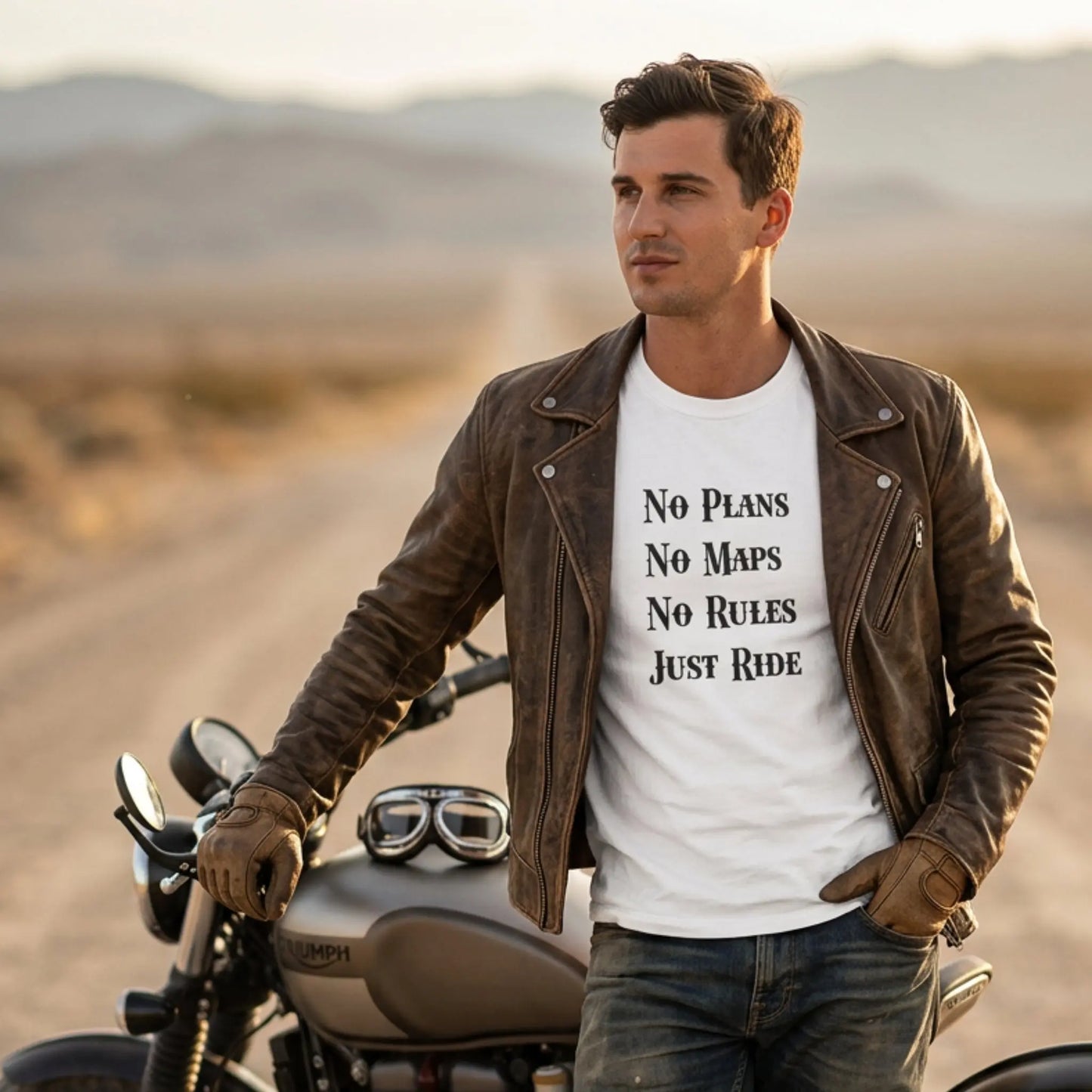 Man in leather jacket and 'No Plans No Maps' t-shirt standing next to a motorcycle in a desert setting.