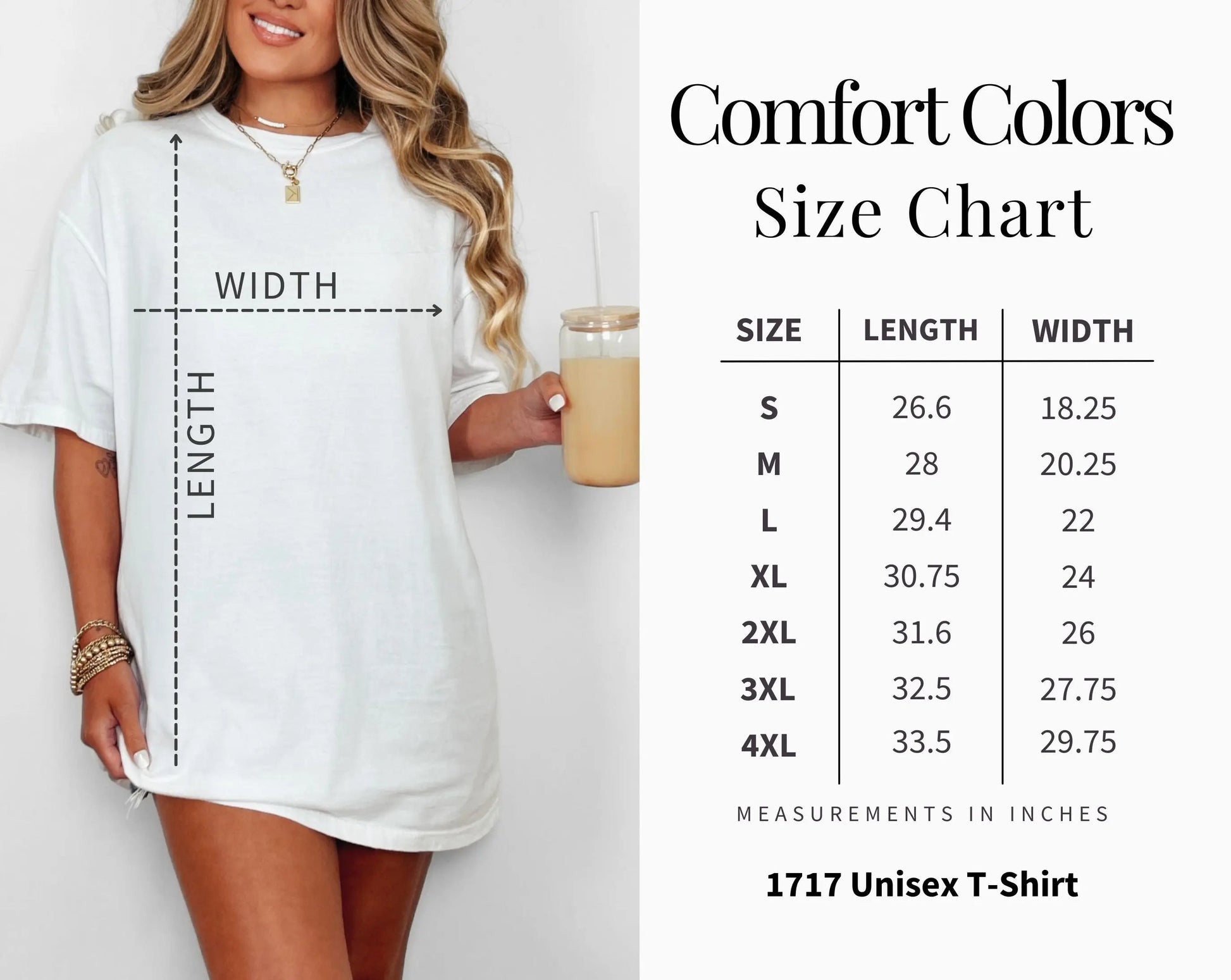 Woman wearing a white t-shirt with a comfort colors size chart on the right side.