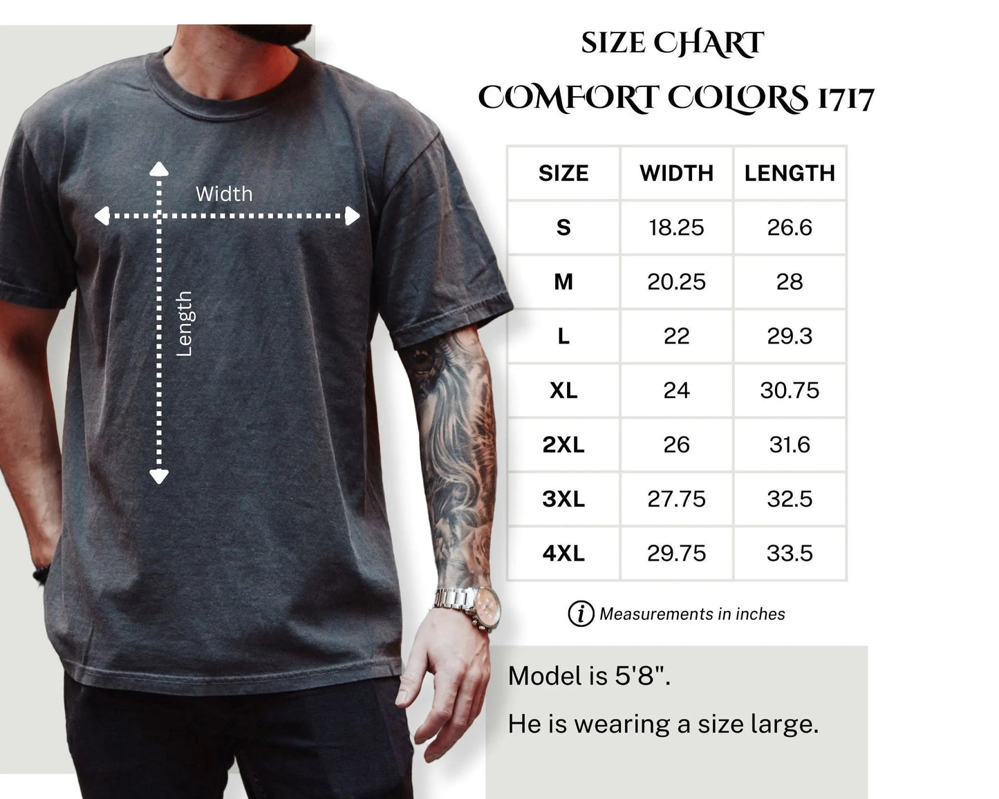 Size chart for Comfort Colors 1717 t-shirt with a model wearing a large shirt.