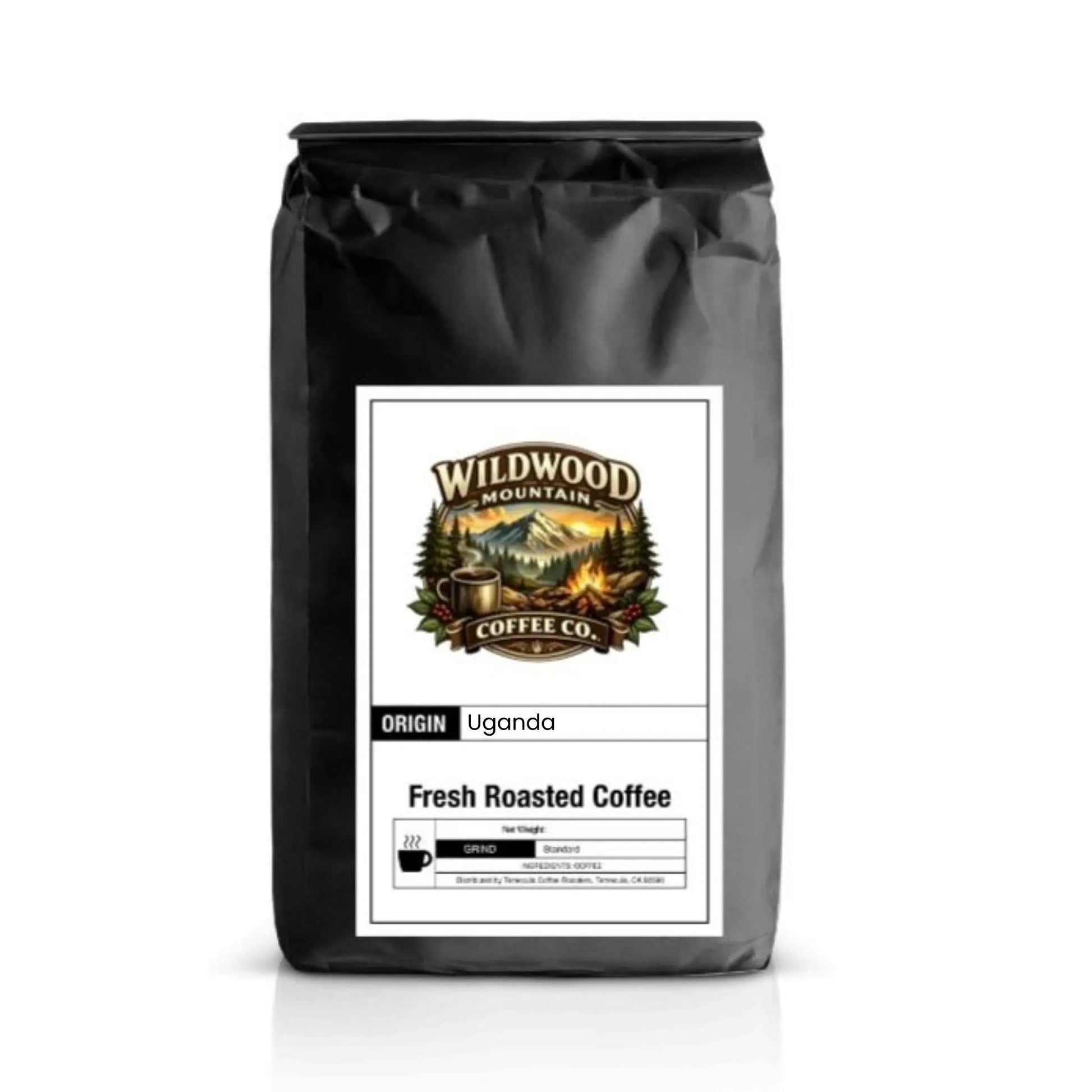 Black coffee bag with Wildwood Mountain Coffee Co. label on a white background