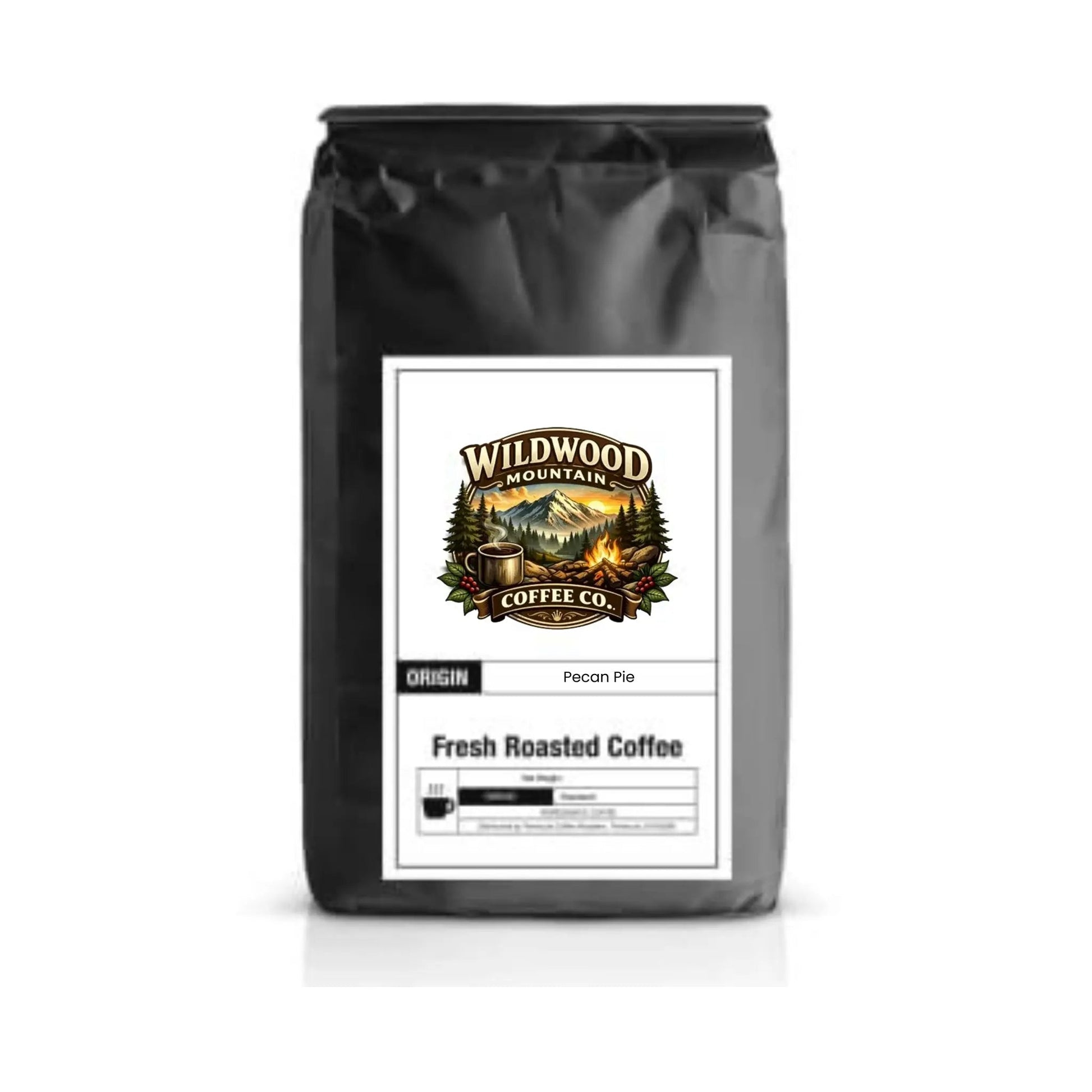 Coffee bag with Wildwood Mountain Coffee Co. label on a white background