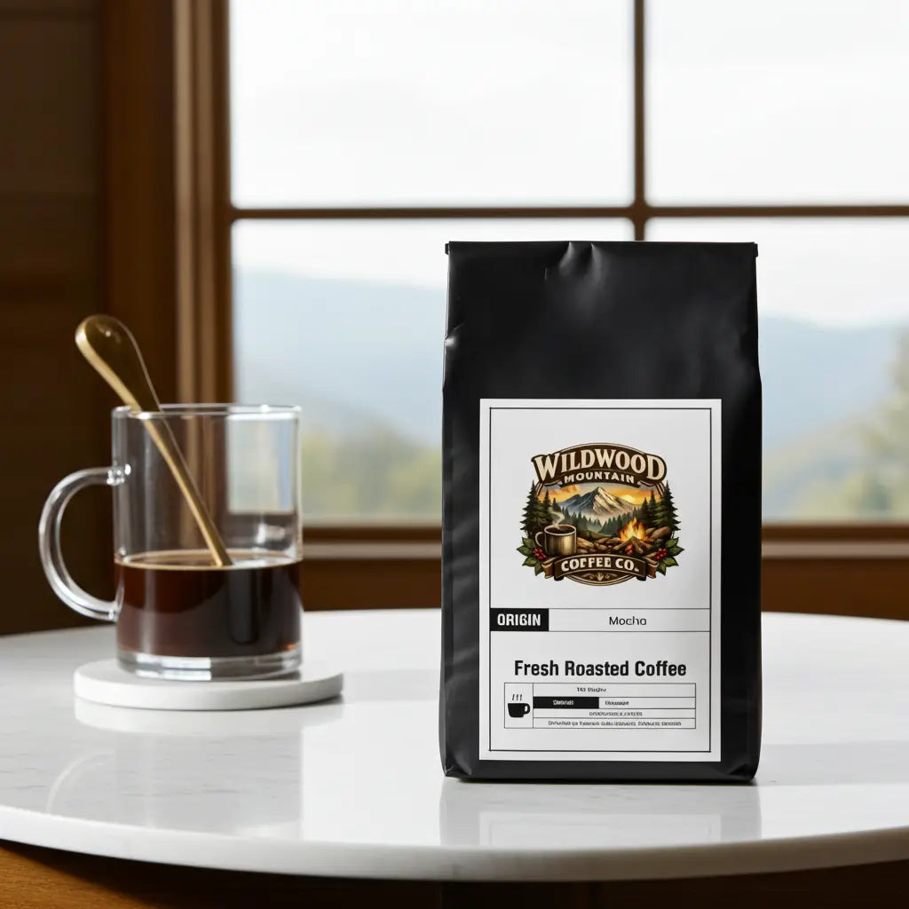 Wildwood Coffee Co. bag with a cup of coffee on a table
