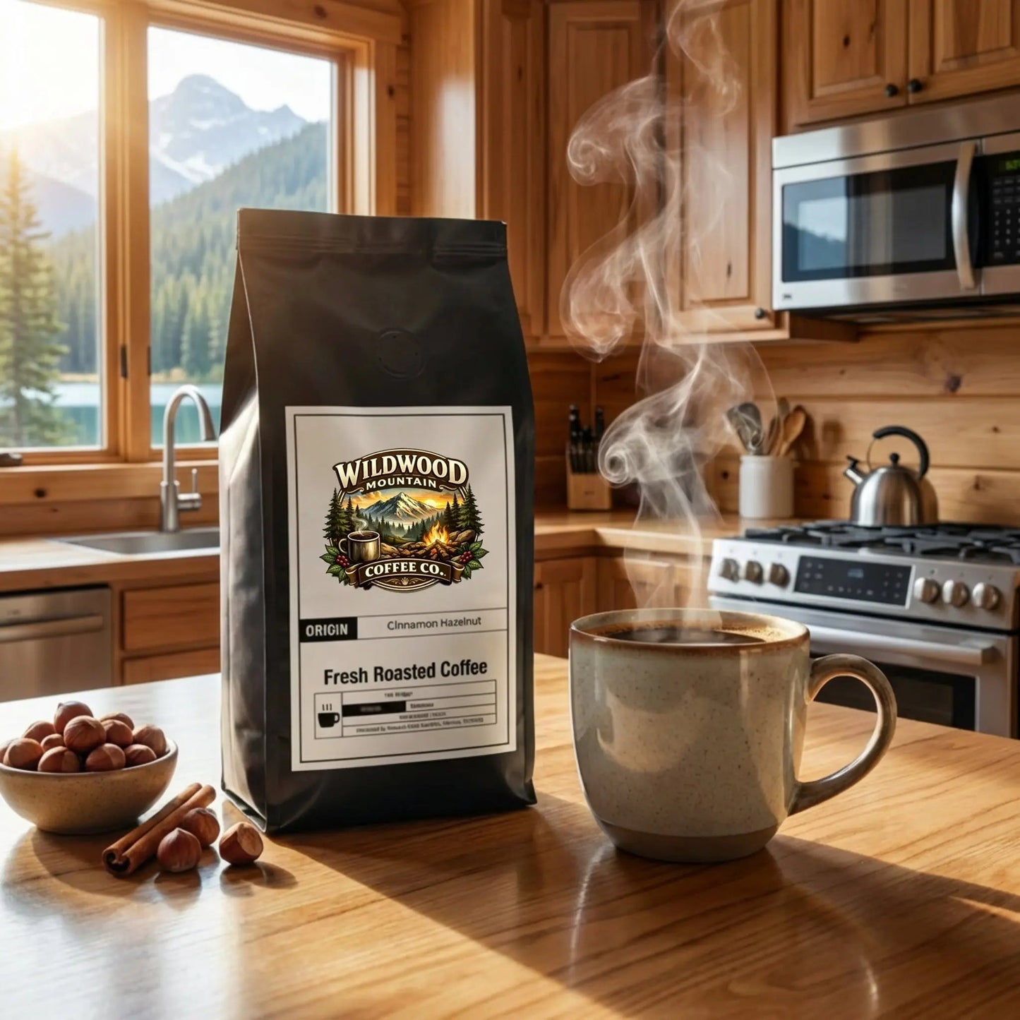 Bag of Wildwood Coffee Co. coffee and a steaming mug on a kitchen counter with a mountain view.