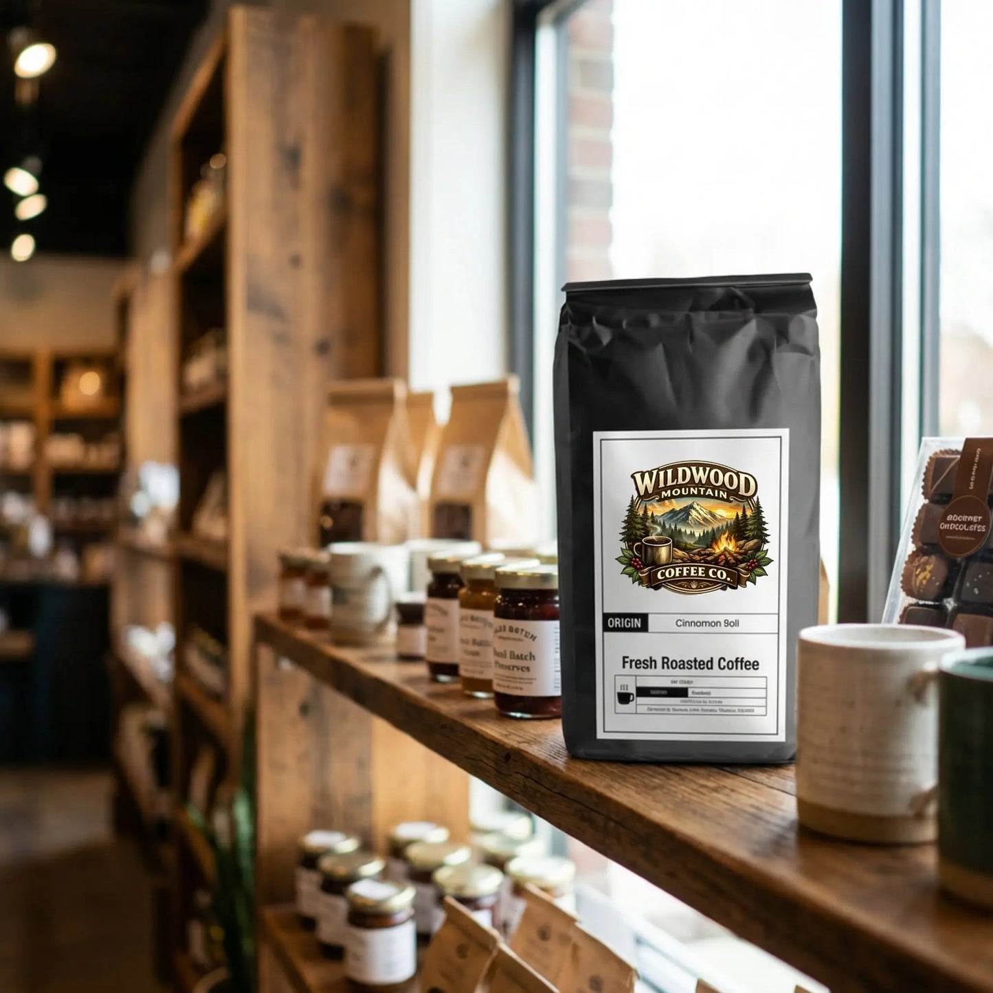 Wildwood Coffee Co. bag on a wooden shelf with coffee products in a store setting