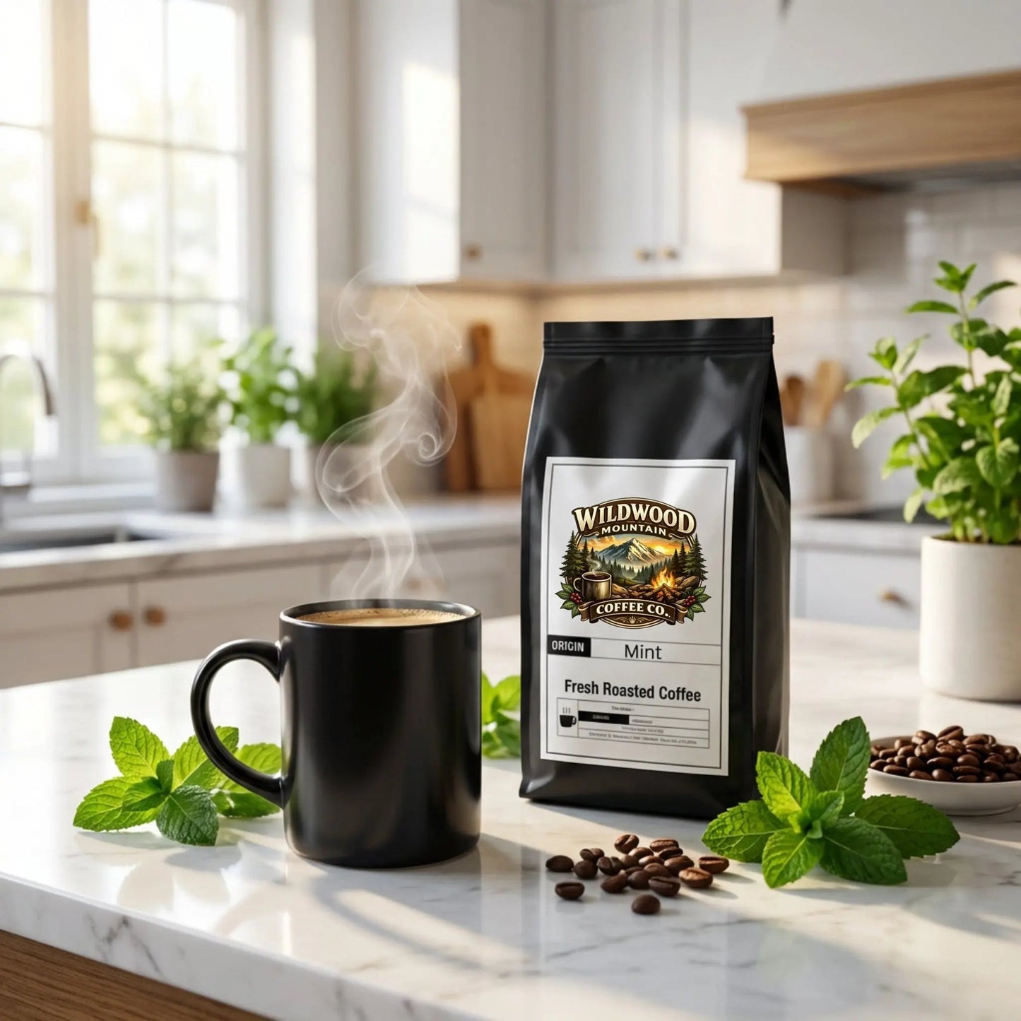 Black coffee mug with steam, Wildwood Mountain Coffee Co. bag, and mint leaves on a kitchen counter.