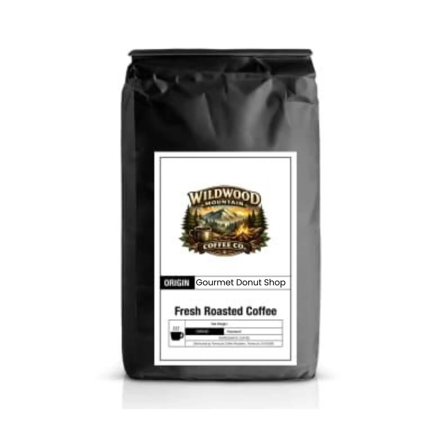 Black coffee bag with Wildwood Mountain Coffee Co. label on a white background