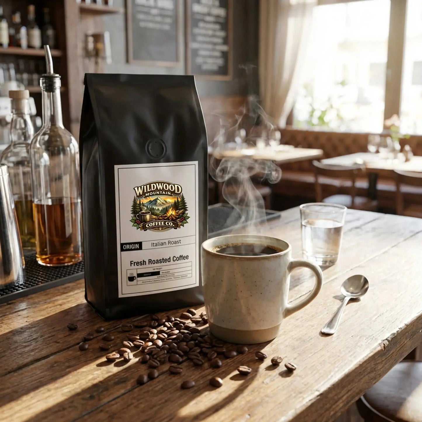 Wildwood Coffee Co. bag with a steaming cup of coffee on a wooden table.