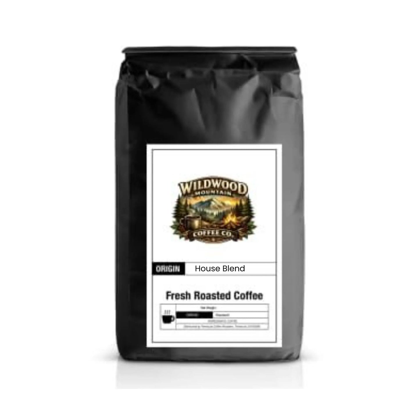 Black coffee bag with Wildwood Mountain Coffee Co. label on a white background
