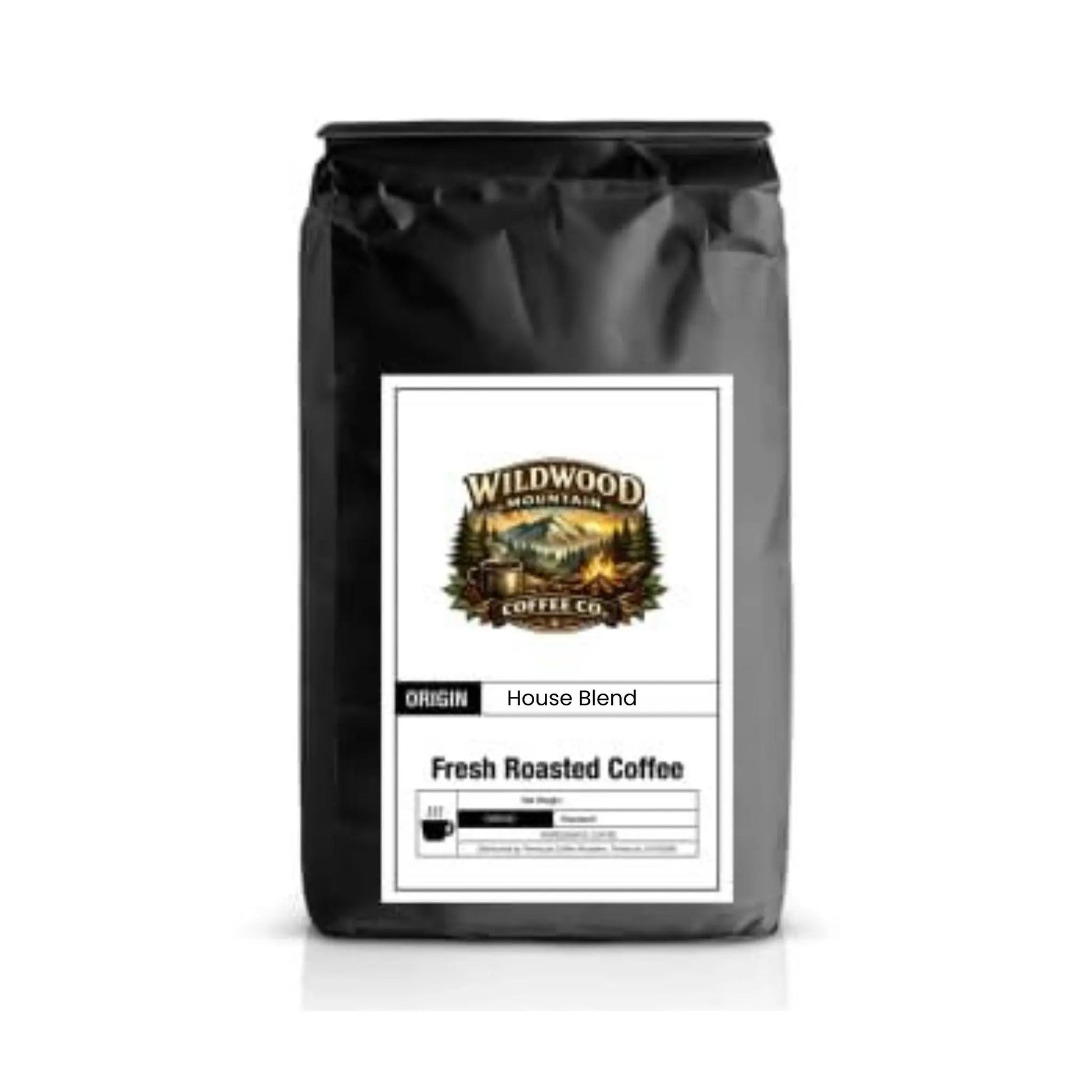 Black coffee bag with Wildwood Mountain Coffee Co. label on a white background