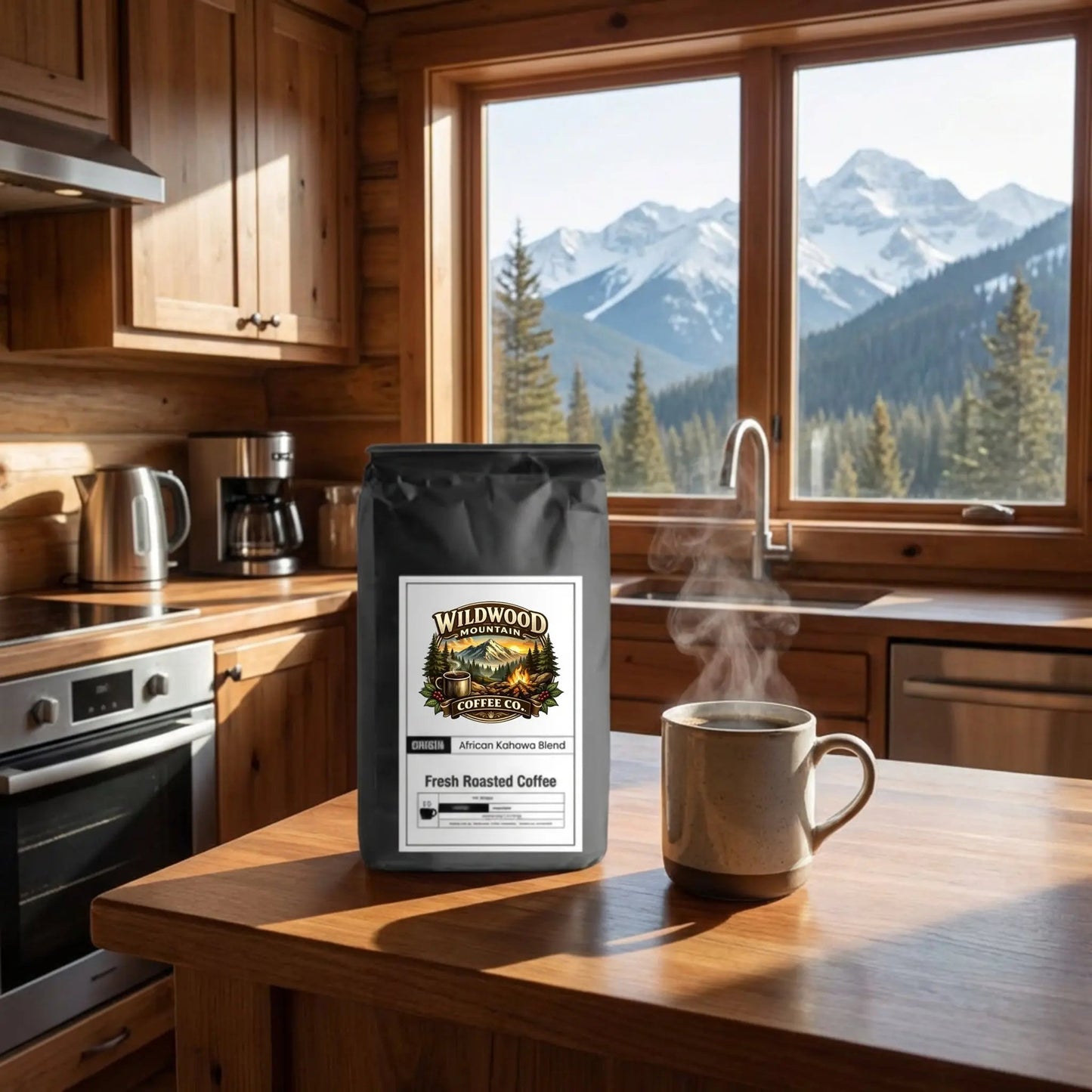 Wildwood Coffee Co. bag on a kitchen counter with a view of mountains