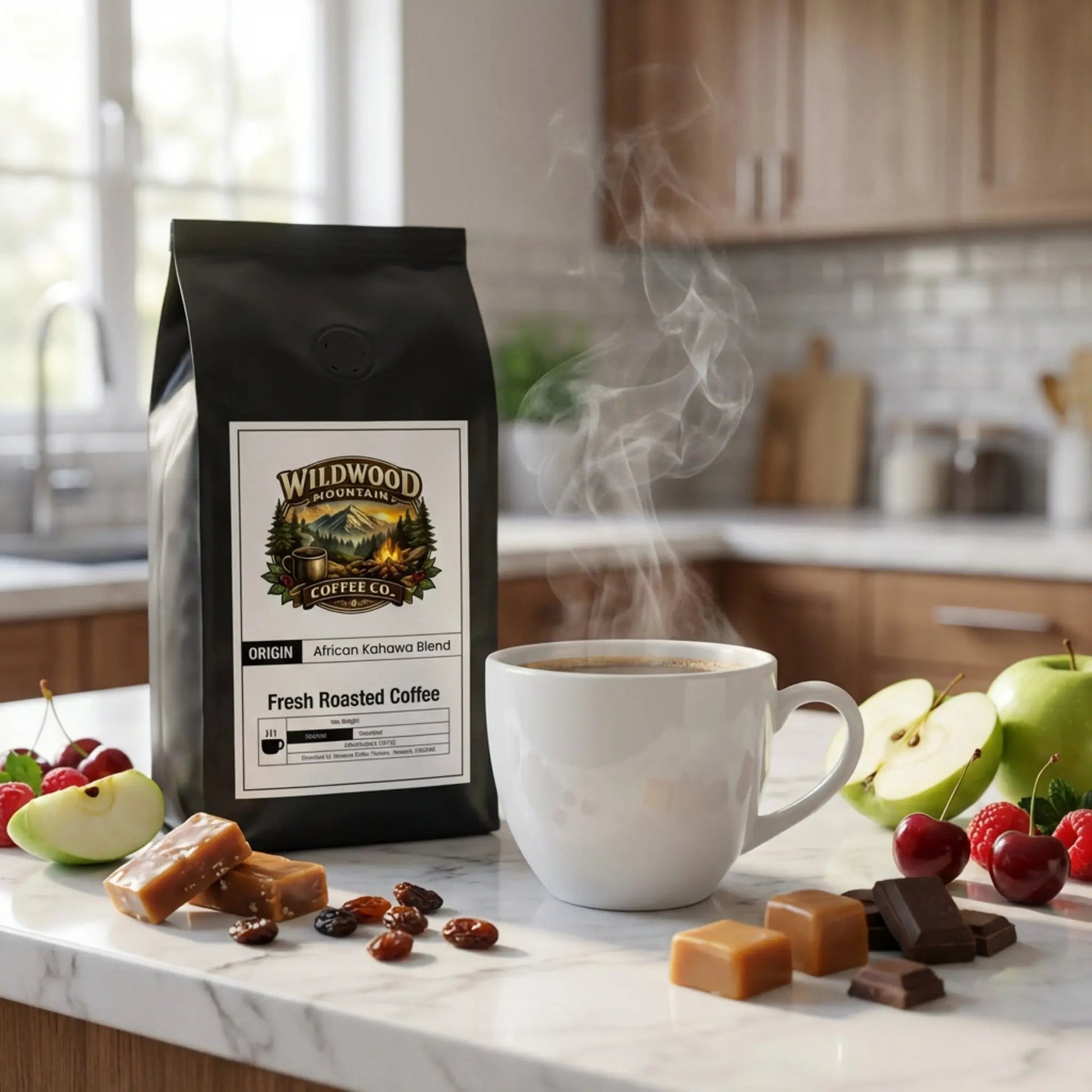 Bag of Wildwood Mountain Coffee Co. coffee on a kitchen counter with a steaming cup of coffee, fruits, and snacks.