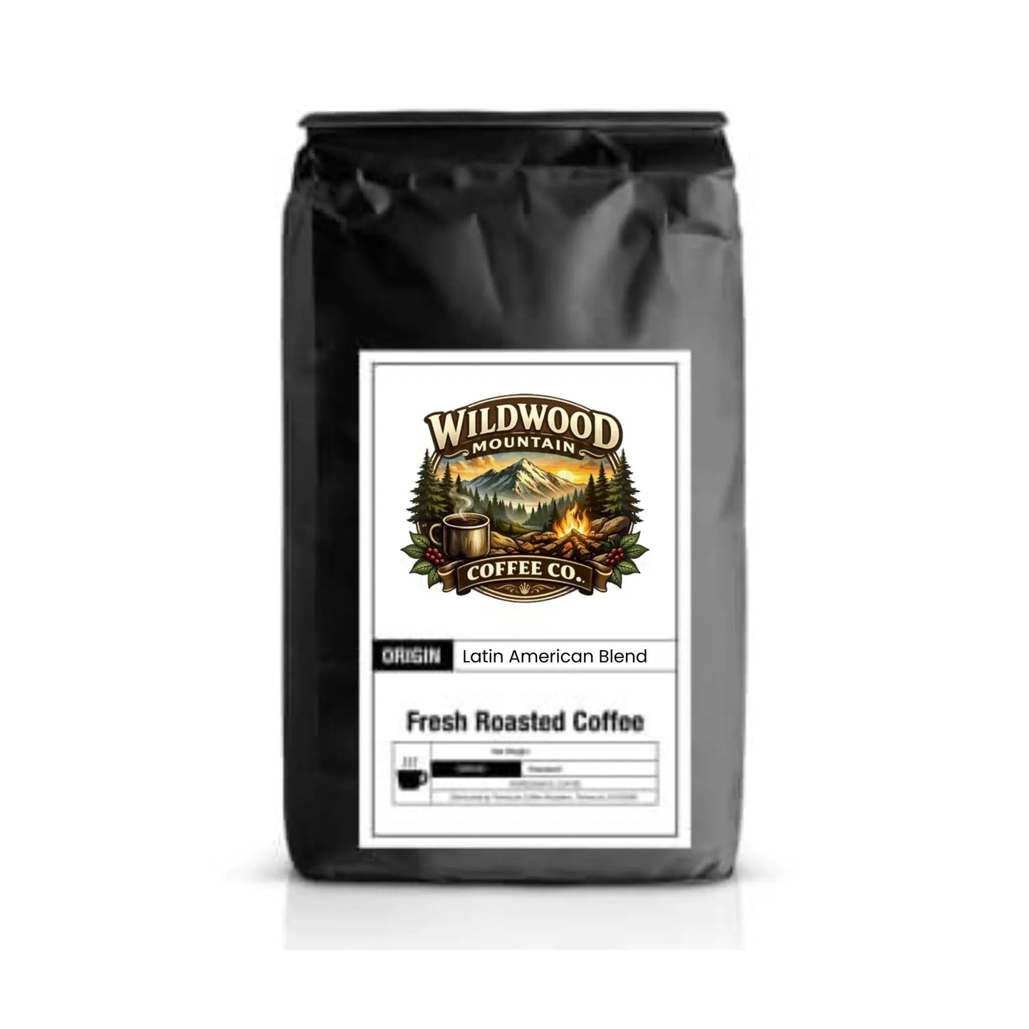 Black coffee bag with Wildwood Mountain Coffee Co. label on a white background