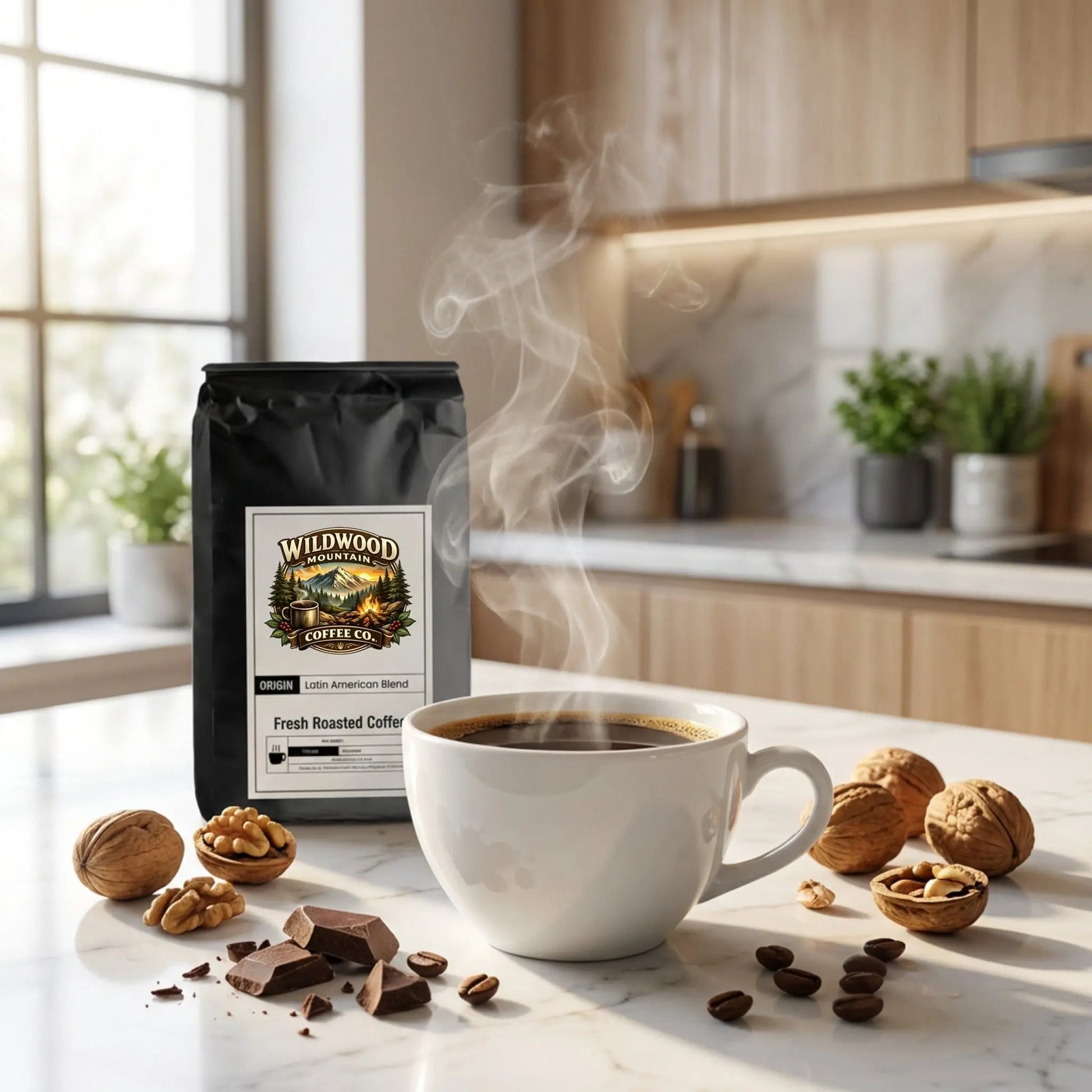 Steaming cup of coffee with Wildwood Mountain Coffee bag on a kitchen counter