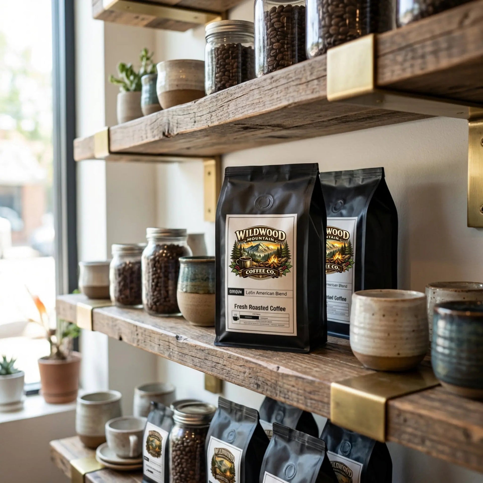 Wooden shelves with coffee bags and beans in a cozy setting