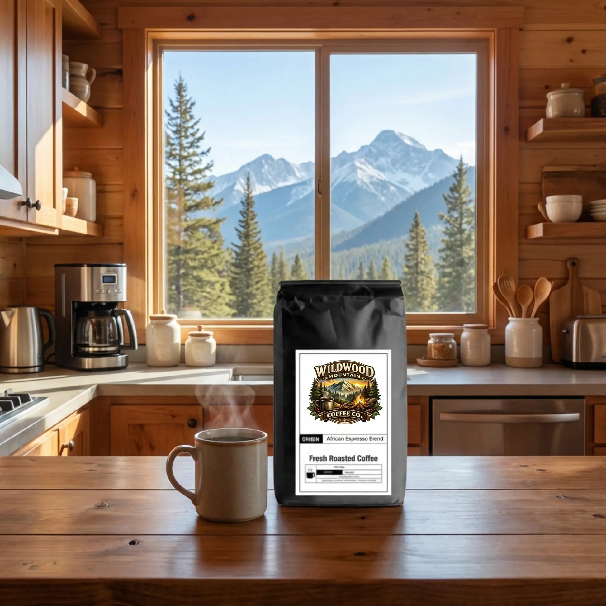 Wooden kitchen counter with a steaming mug and a bag of Wildwood Coffee Co. coffee, with a mountain view through the window.