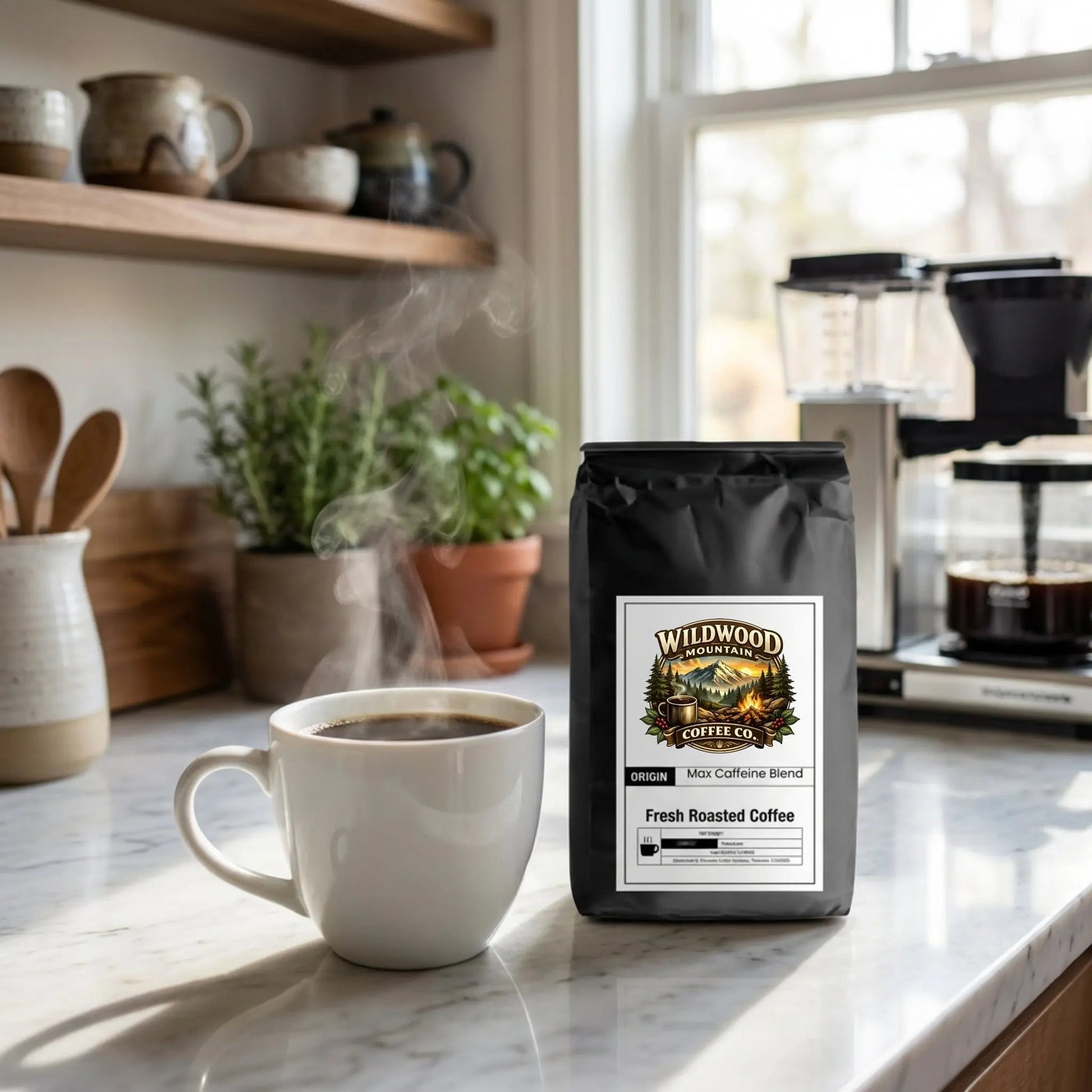 Bag of Wildwood Coffee Co. coffee on a kitchen counter with a steaming cup of coffee.