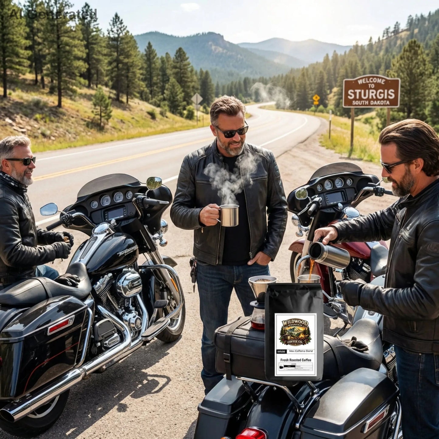 Three men on motorcycles in a scenic area with a 'Welcome to Sturgis South Dakota' sign.
