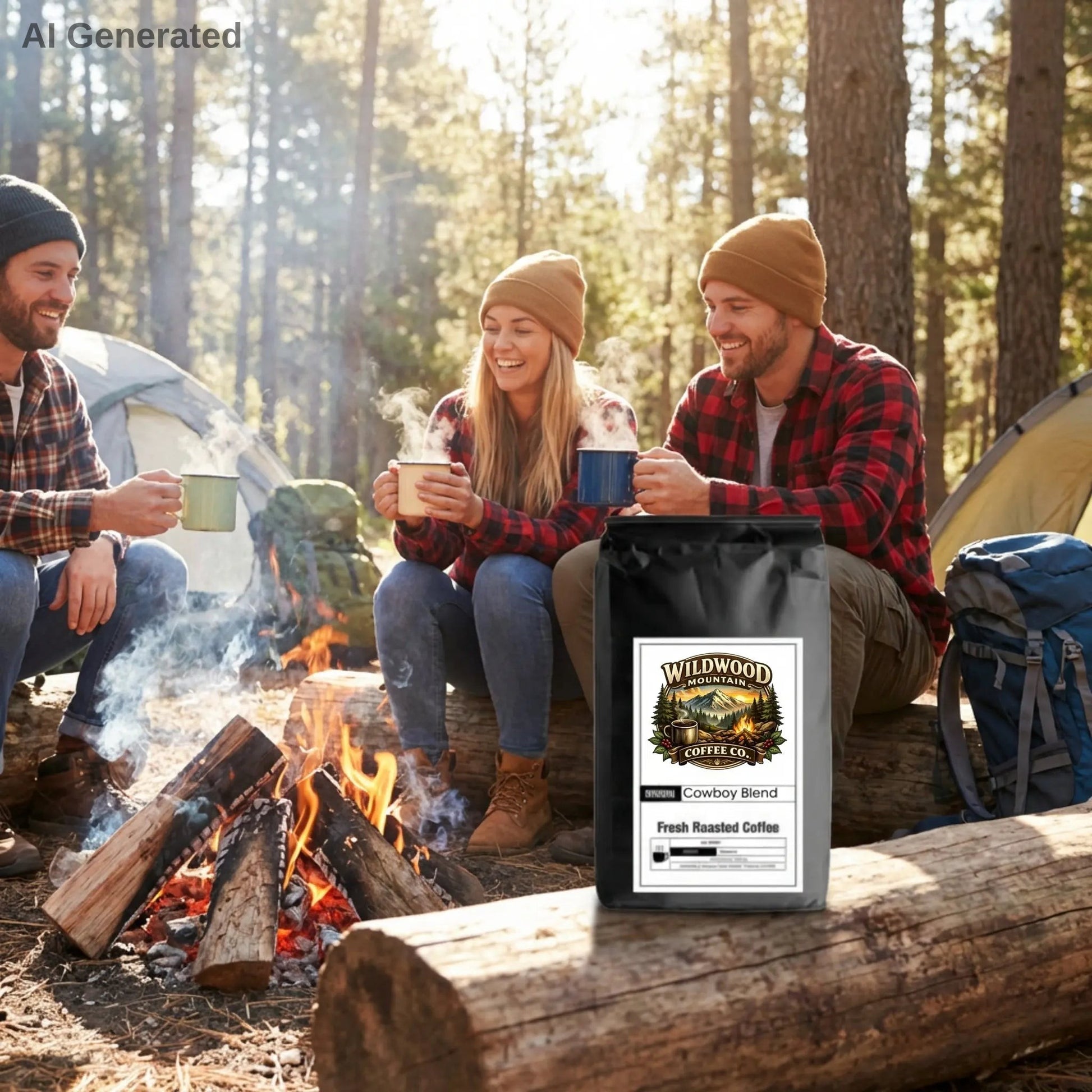 Three people sitting around a campfire with a bag of Wildwood Coffee in the foreground.