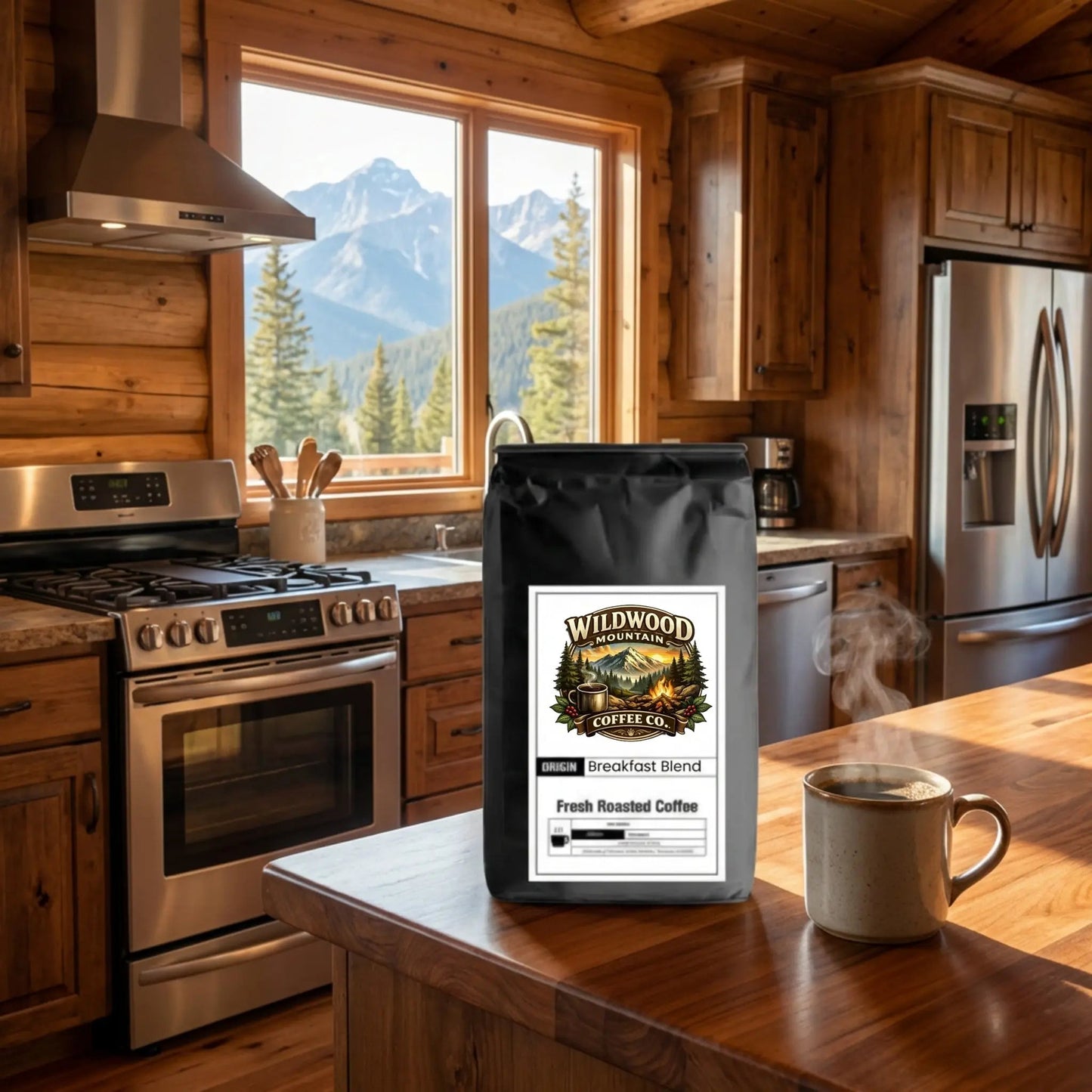 Wildwood Coffee Co. bag on a kitchen counter with a scenic mountain view