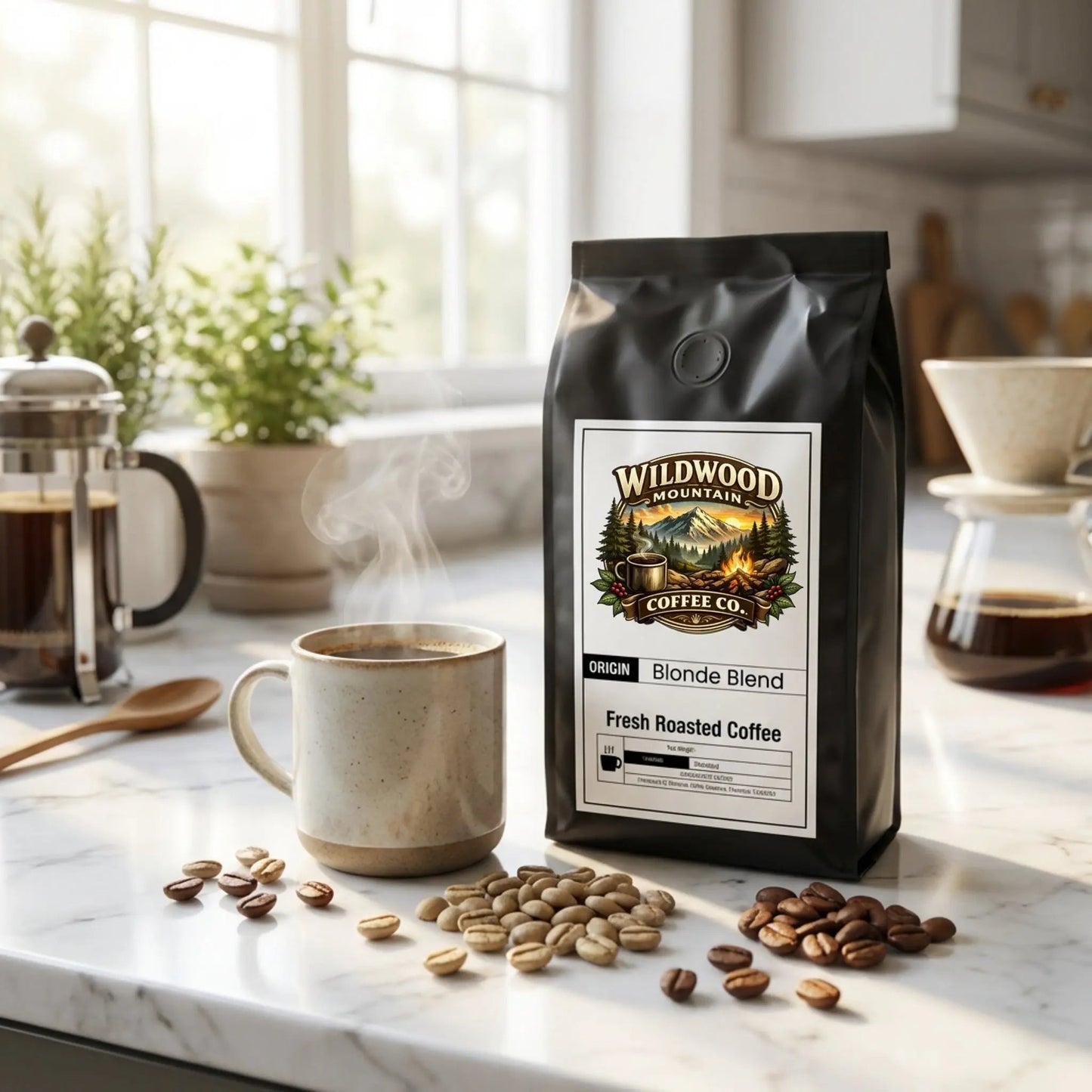 Wildwood Mountain Coffee Co. coffee bag with a mug, beans, and kitchen items on a marble countertop.