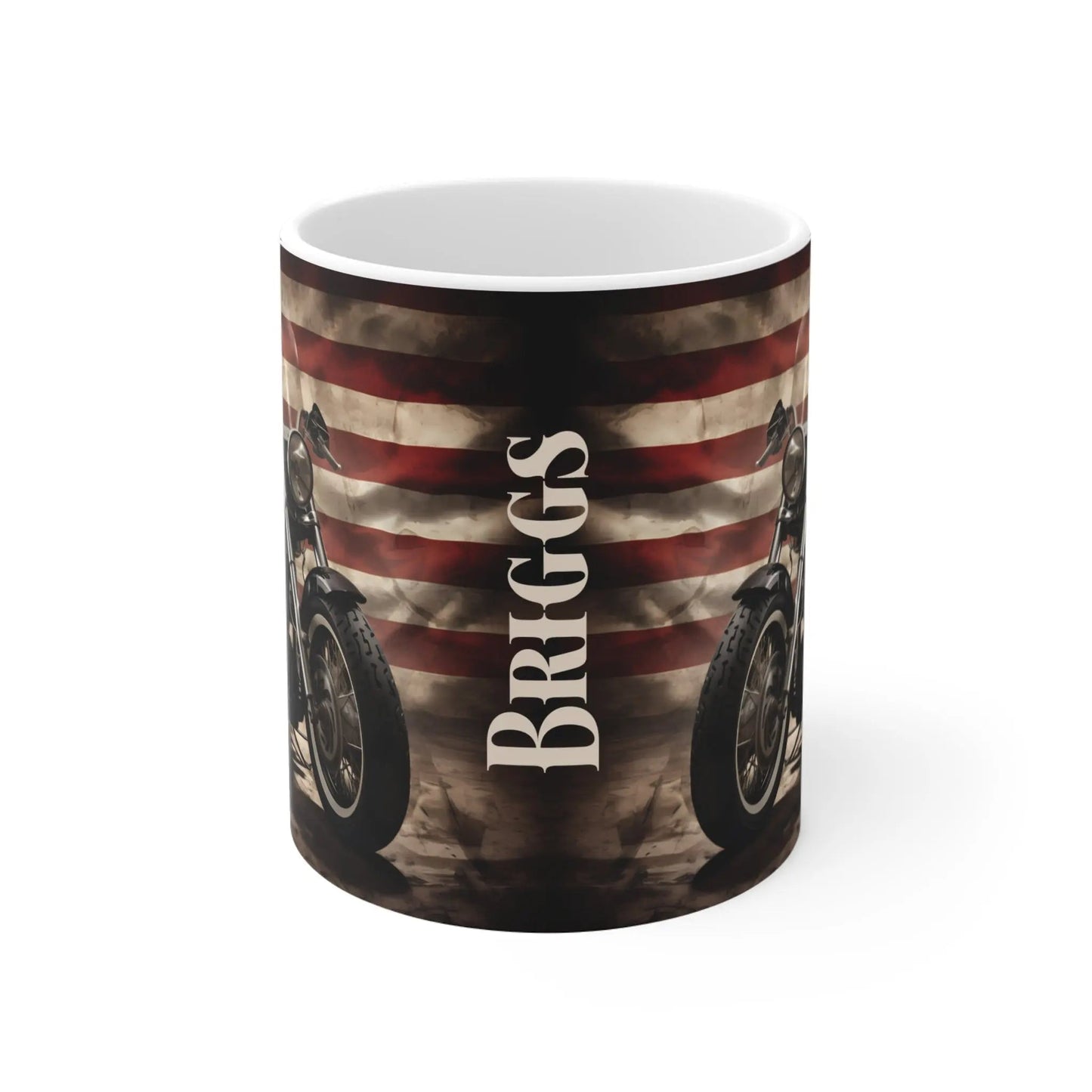Personalized American Flag Motorcycle Mug, Patriotic Biker Coffee Cup Wildwood Mountain Coffee Co