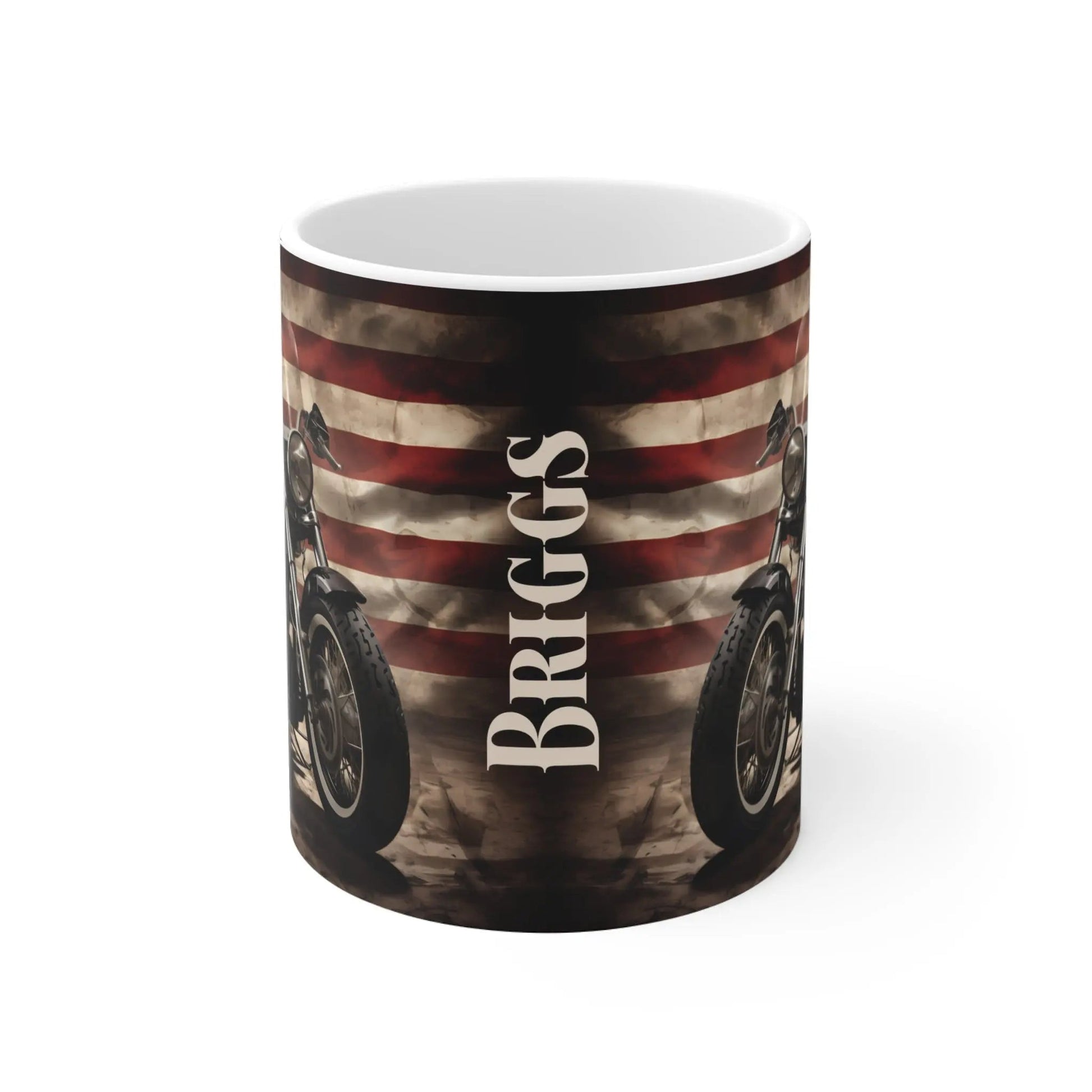 Personalized American Flag Motorcycle Mug, Patriotic Biker Coffee Cup Wildwood Mountain Coffee Co